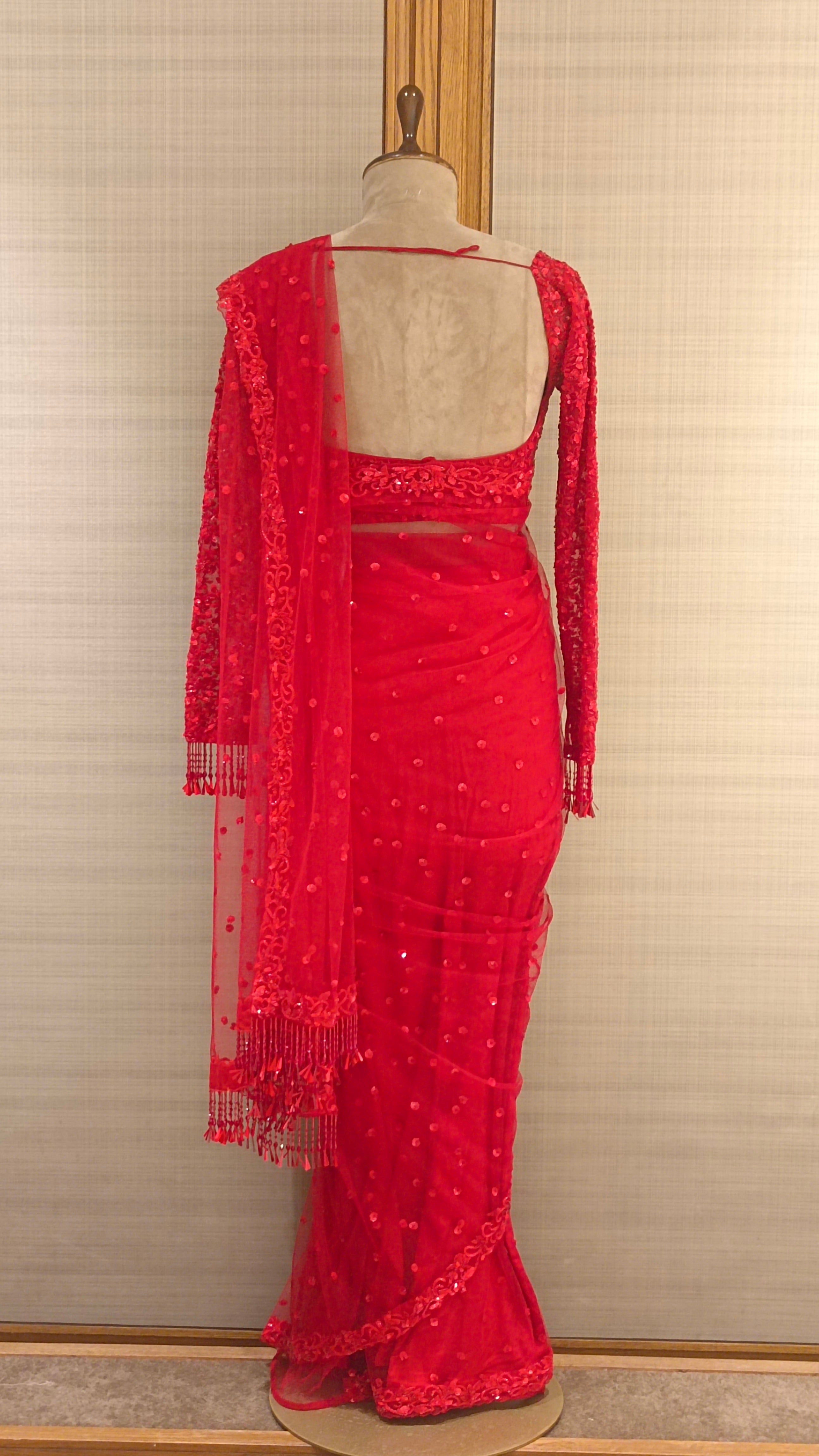 Red Net Saree with Floral Sequin Applique Cutwork and Bead Embroidered Blouse