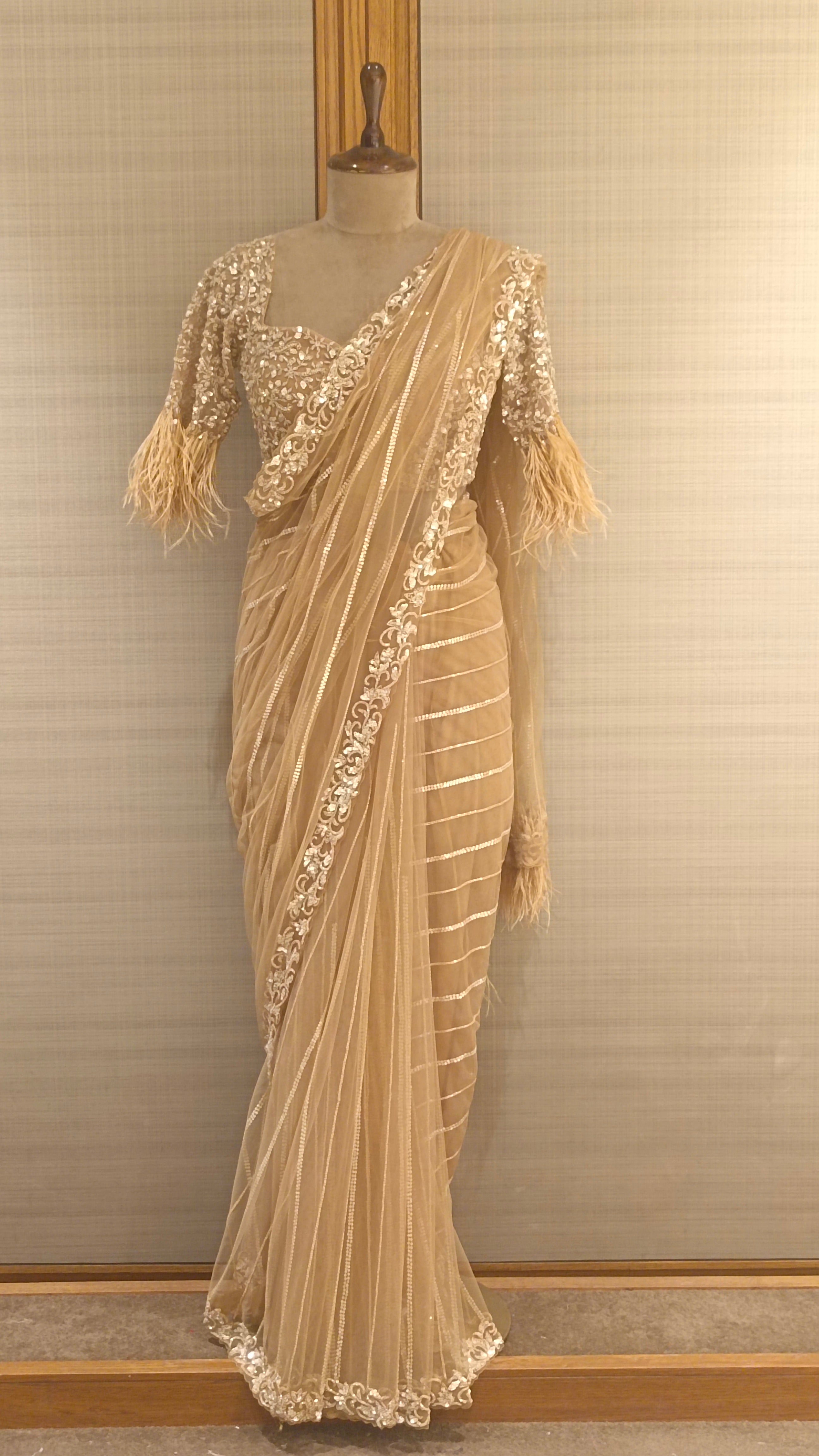 Golden Net Saree with Feathered Sequin, Pearl, and Cut Dana Embroidery