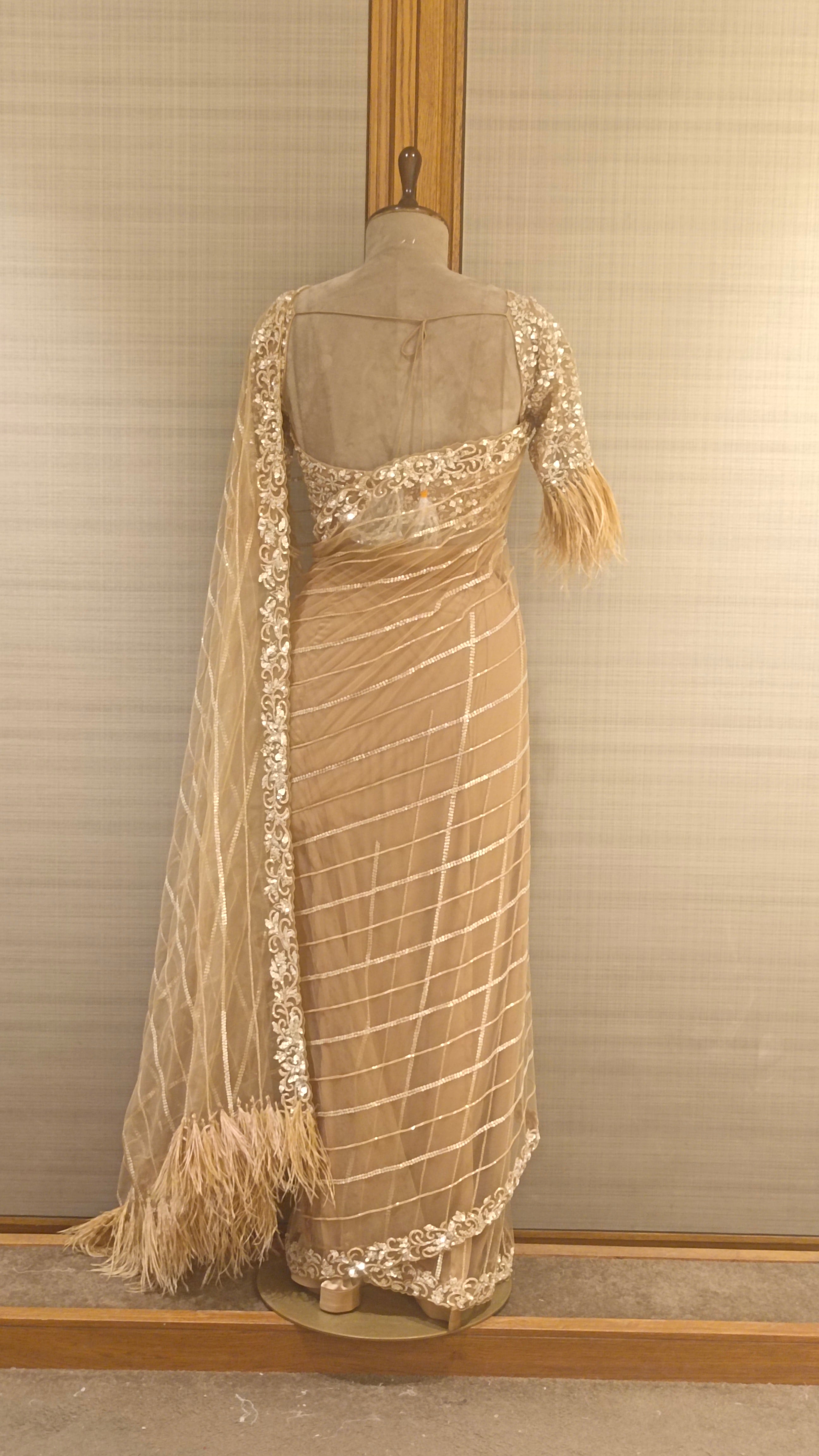 Golden Net Saree with Feathered Sequin, Pearl, and Cut Dana Embroidery