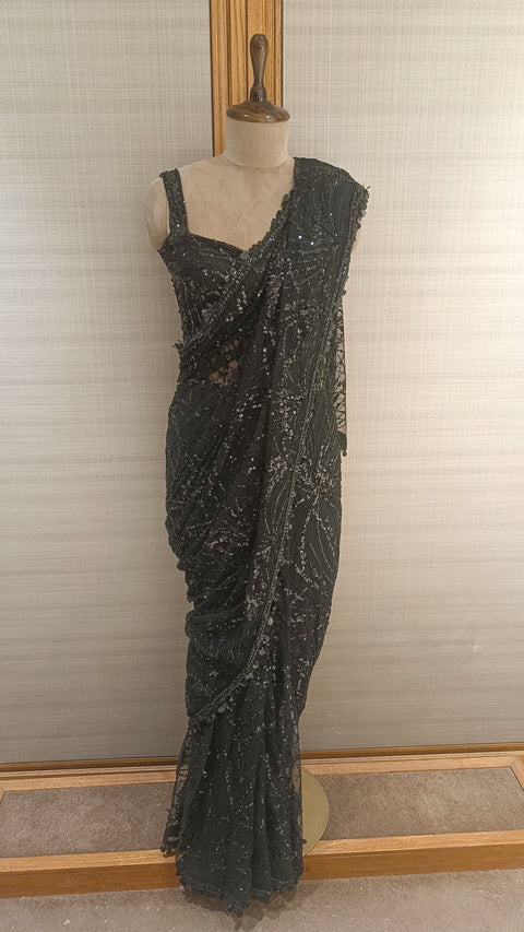 Black Net Saree with Cut Dana and Sequin Embroidery