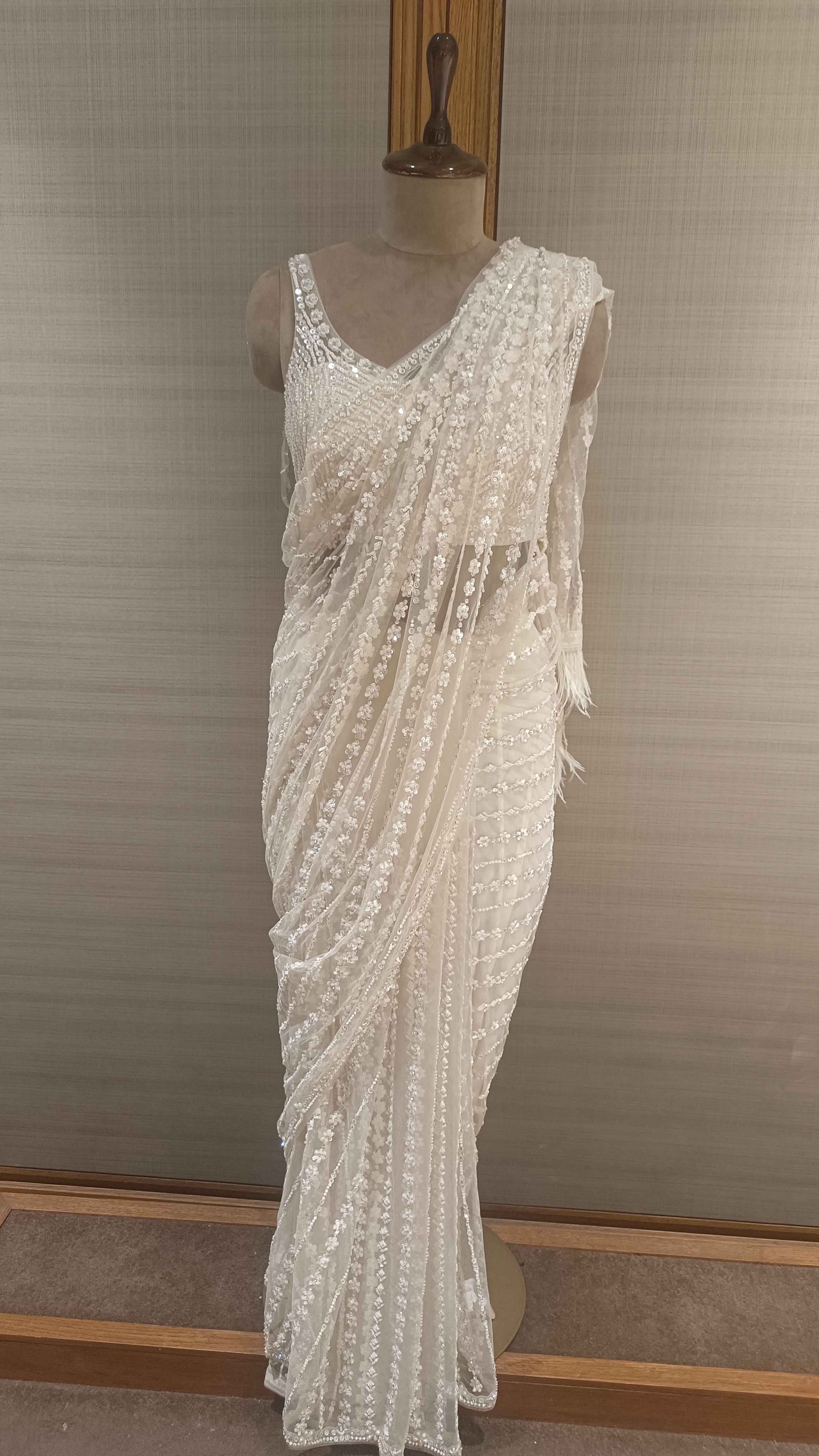 Floral Sitara White Sheer Saree with Sequins & Beads, Panelled Blouse