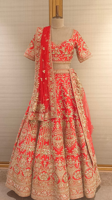 Red Raw Silk Embroidered Sequins Lehenga Set For Women