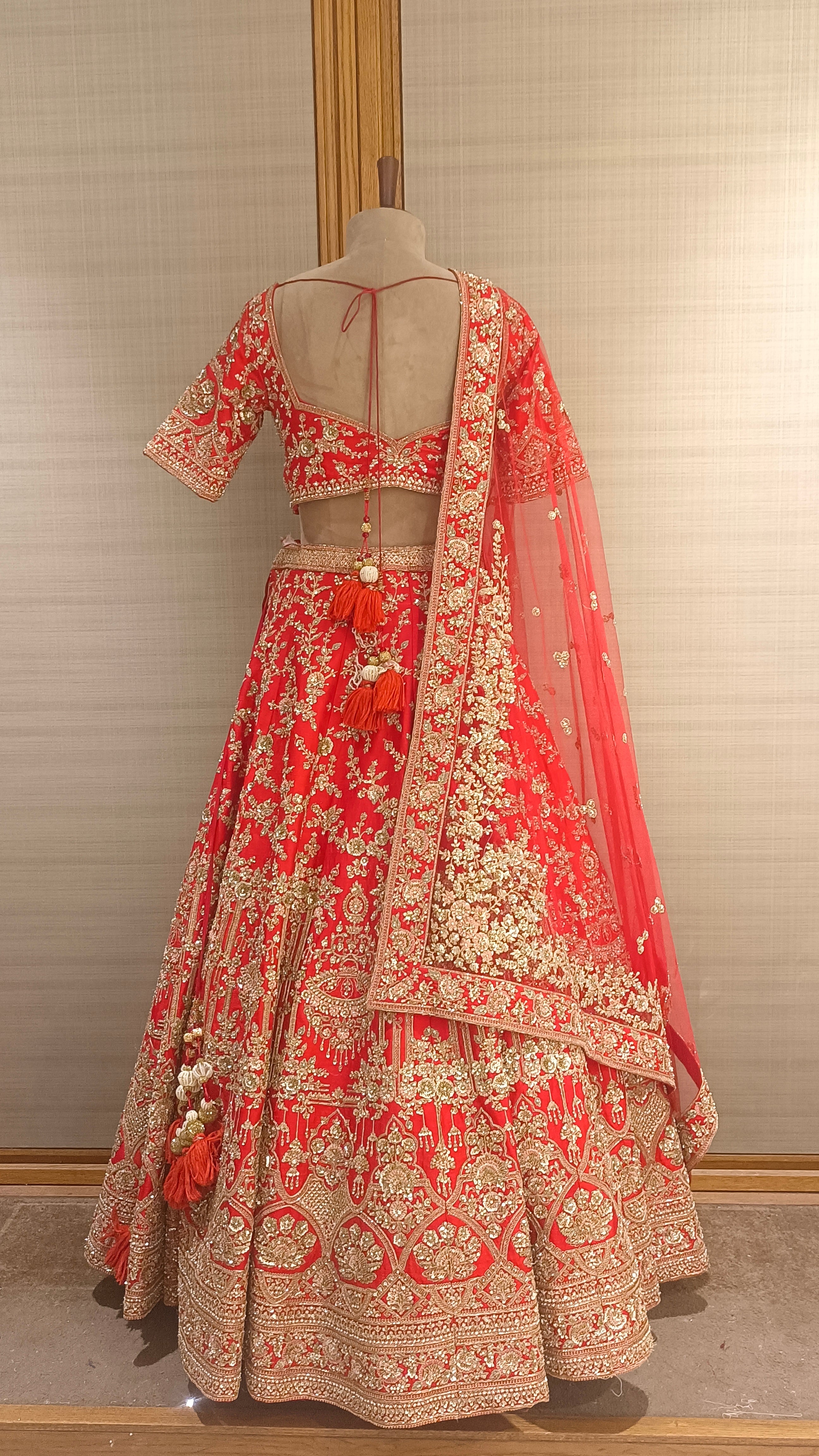 Red Raw Silk Embroidered Sequins Lehenga Set For Women
