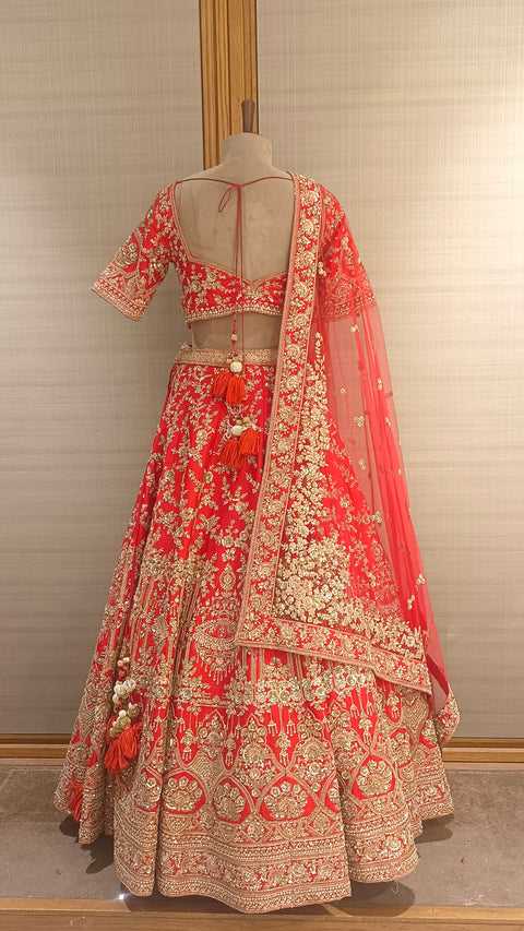 Red Raw Silk Embroidered Sequins Lehenga Set For Women