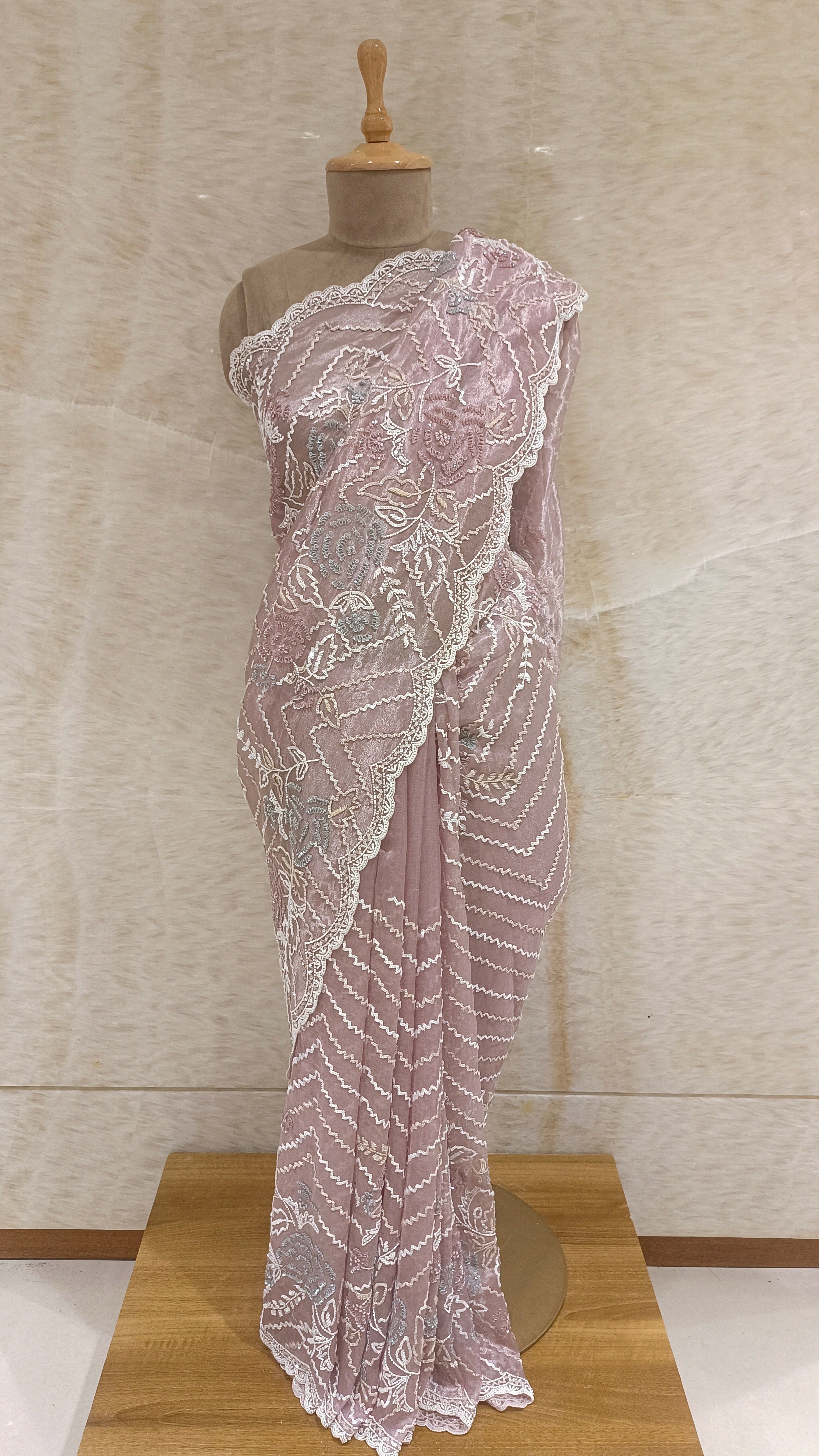 Lilac Tissue Saree with Sequins, Pearls, and Cut Dana Embroidery