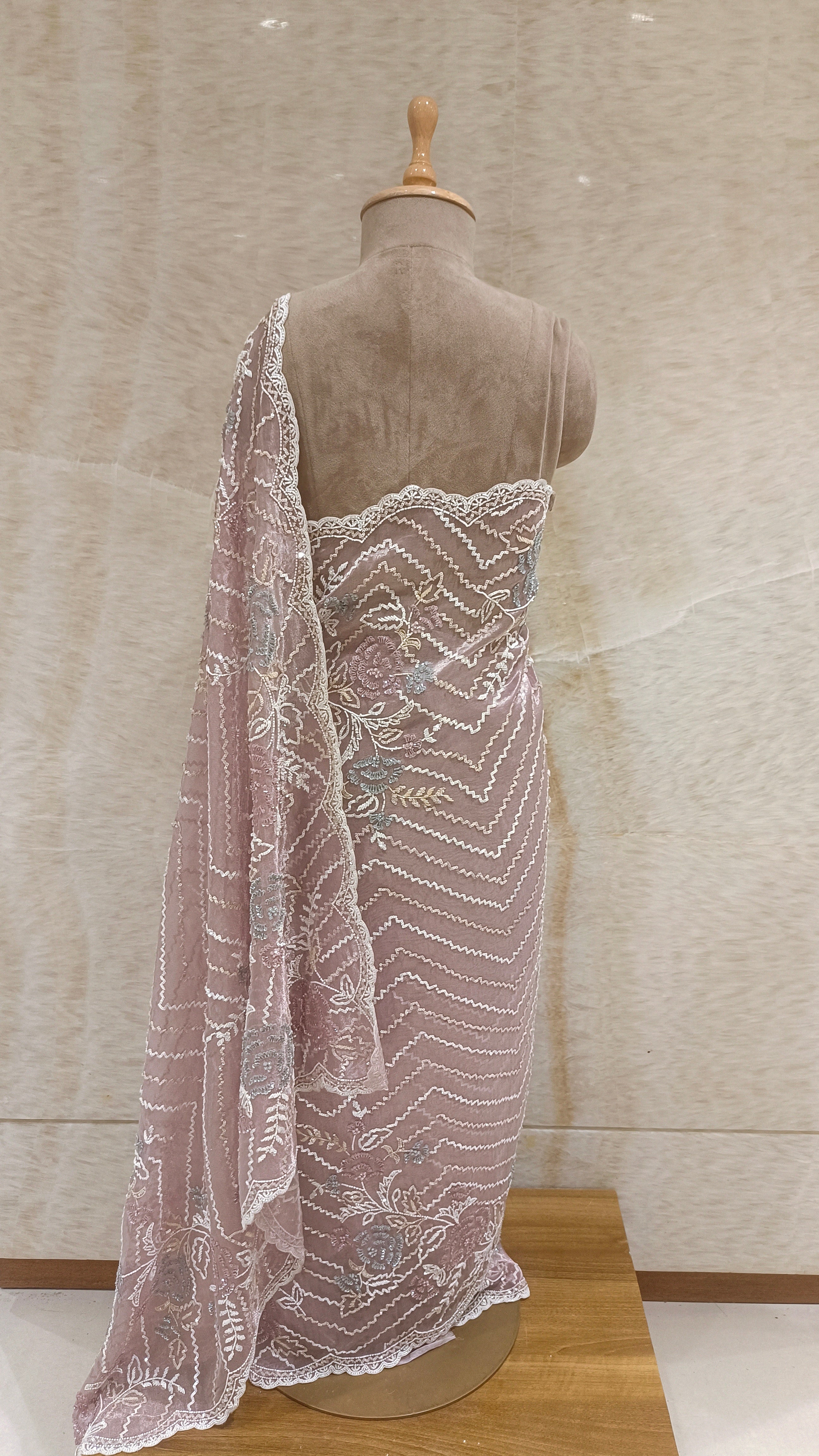 Lilac Tissue Saree with Sequins, Pearls, and Cut Dana Embroidery