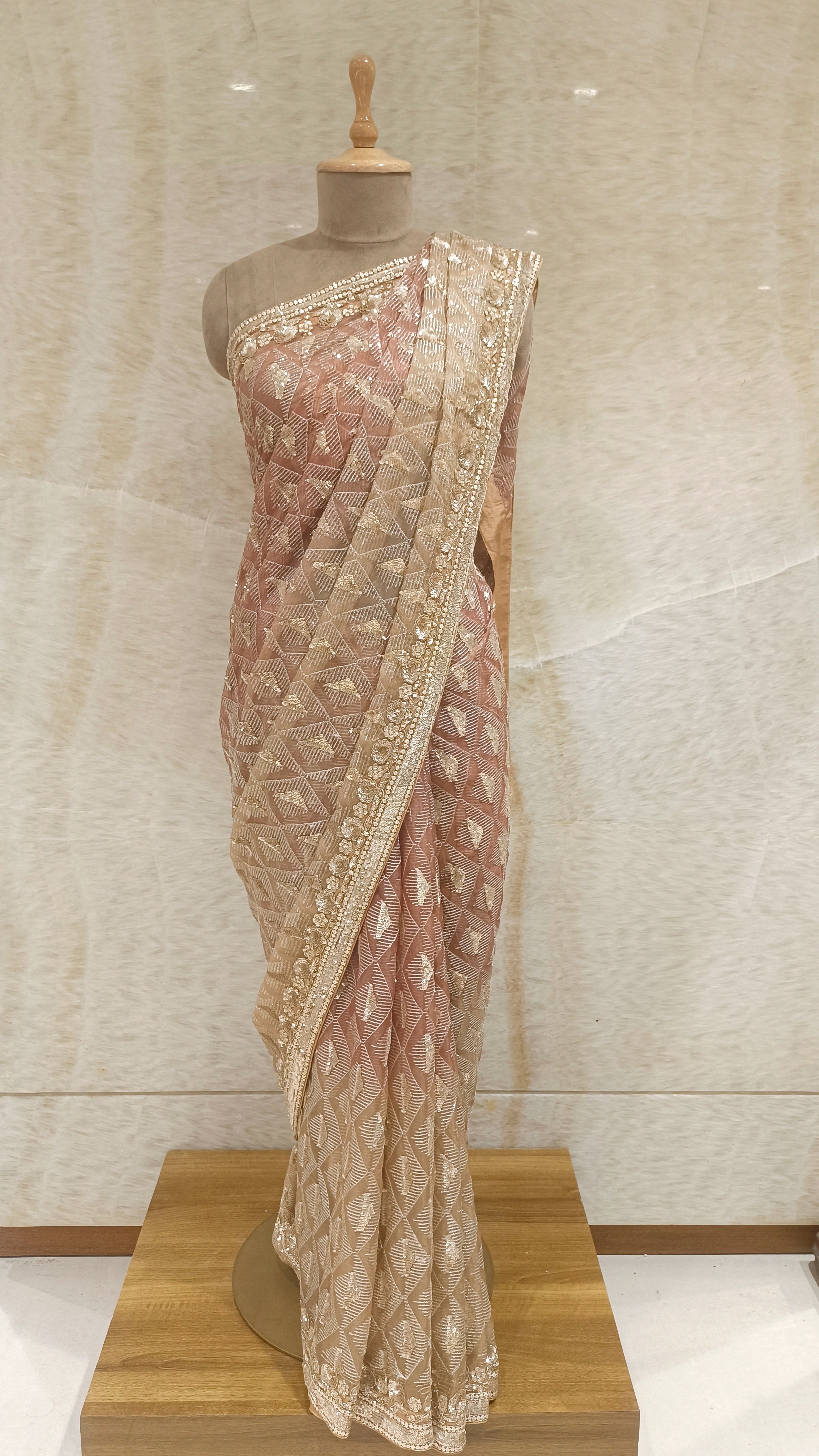 Elegant Dusty Peach Two-Tone Tissue Saree with Intricate Embroidery