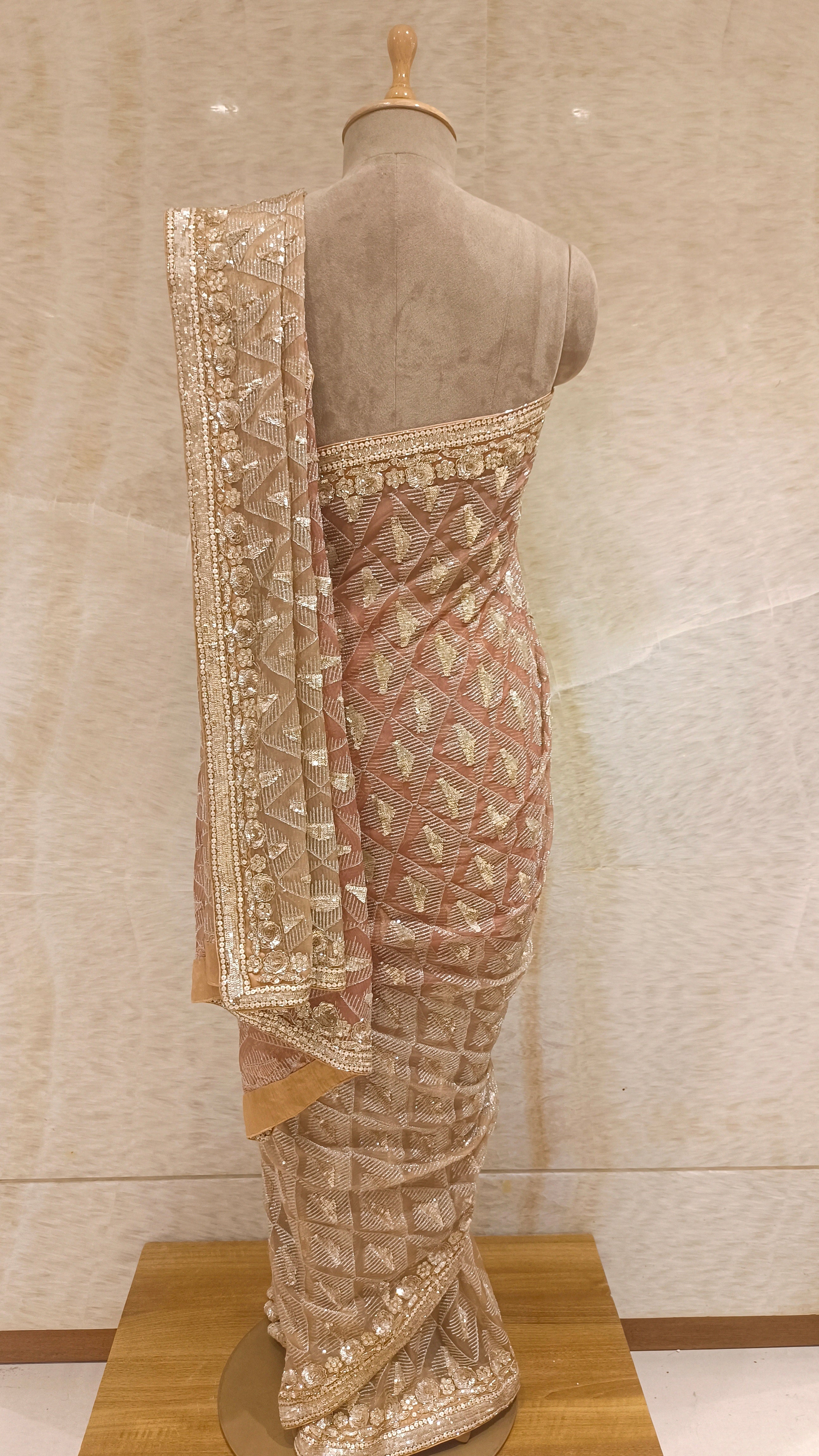 Elegant Dusty Peach Two-Tone Tissue Saree with Intricate Embroidery