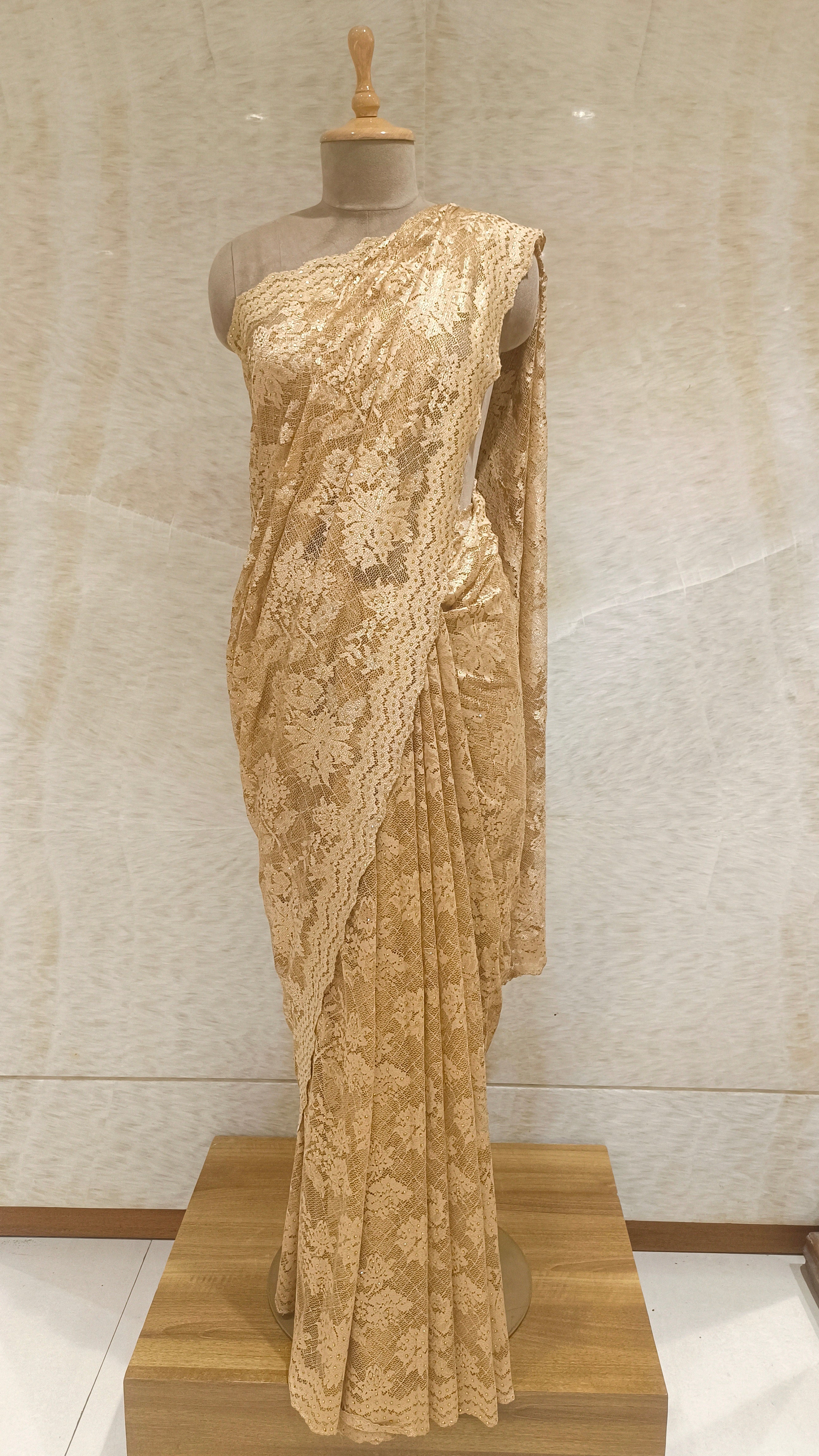 Gold Net Saree with Swarovski Crystal Center Lace