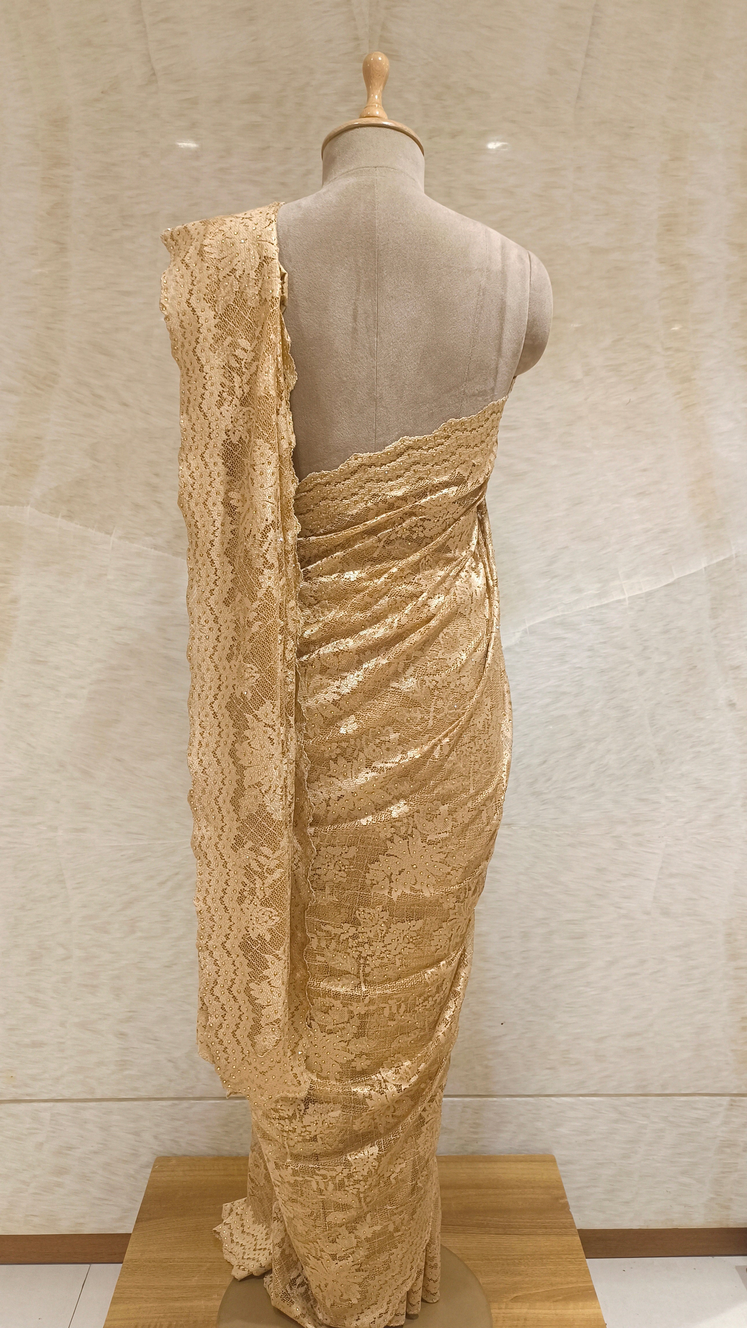 Gold Net Saree with Swarovski Crystal Center Lace