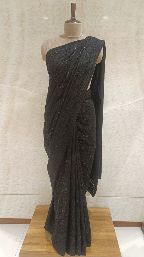 Black Georgette Saree with Sequins, Cut Dana, and Thread Embroidery