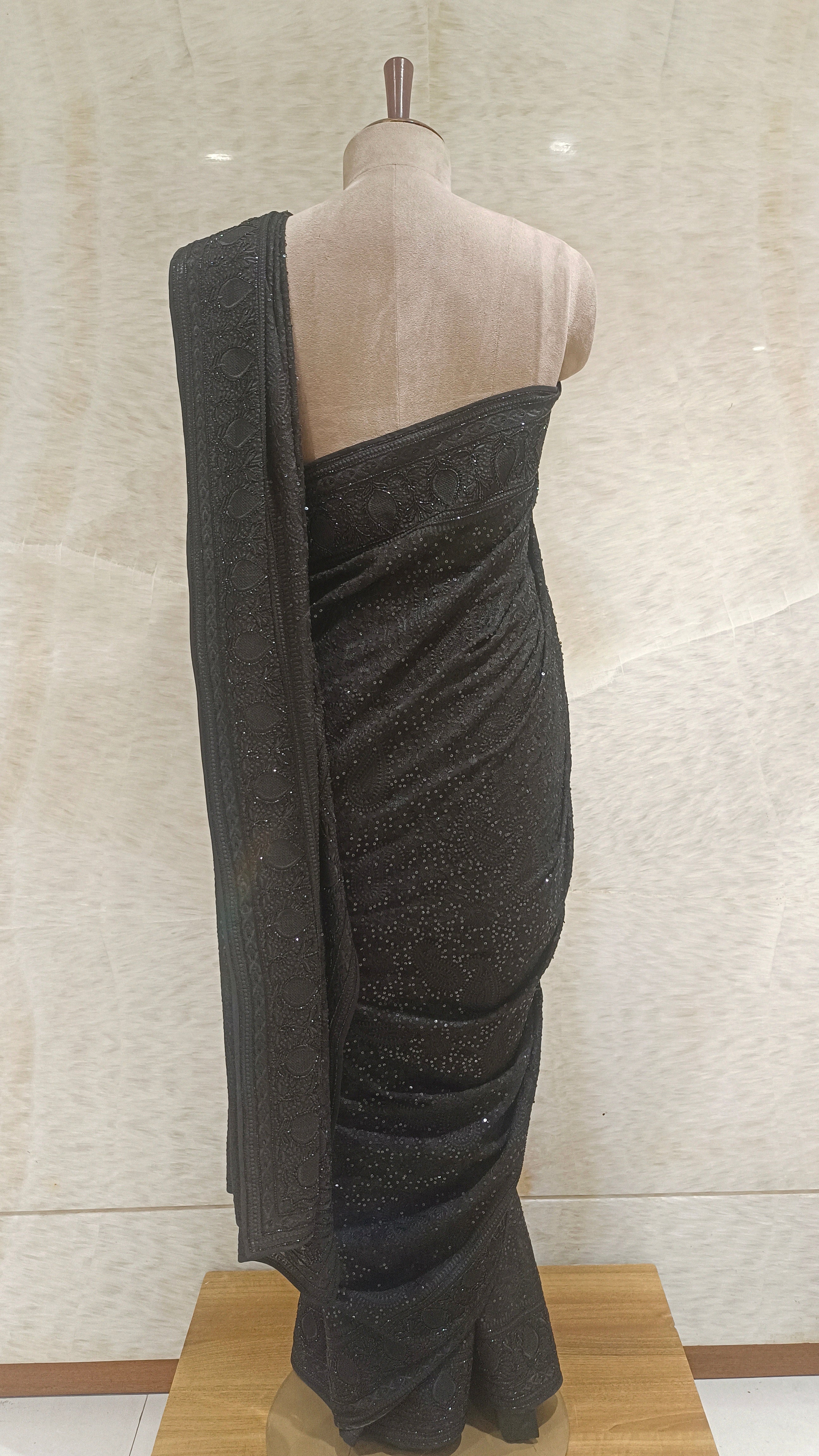 Black Georgette Saree with Sequins, Cut Dana, and Thread Embroidery