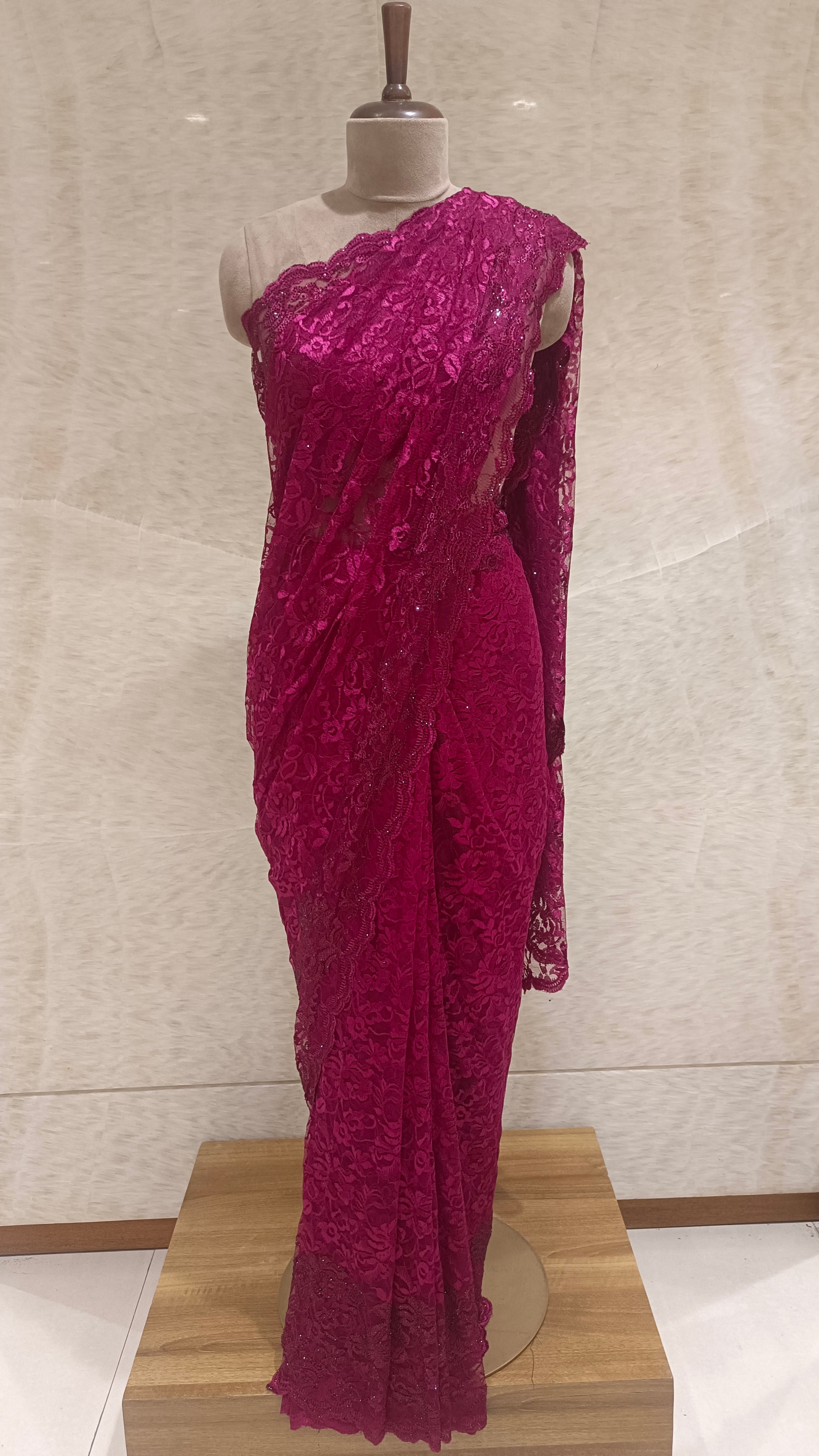 Maroon Net Saree with Swarovski Crystal Lace Insert