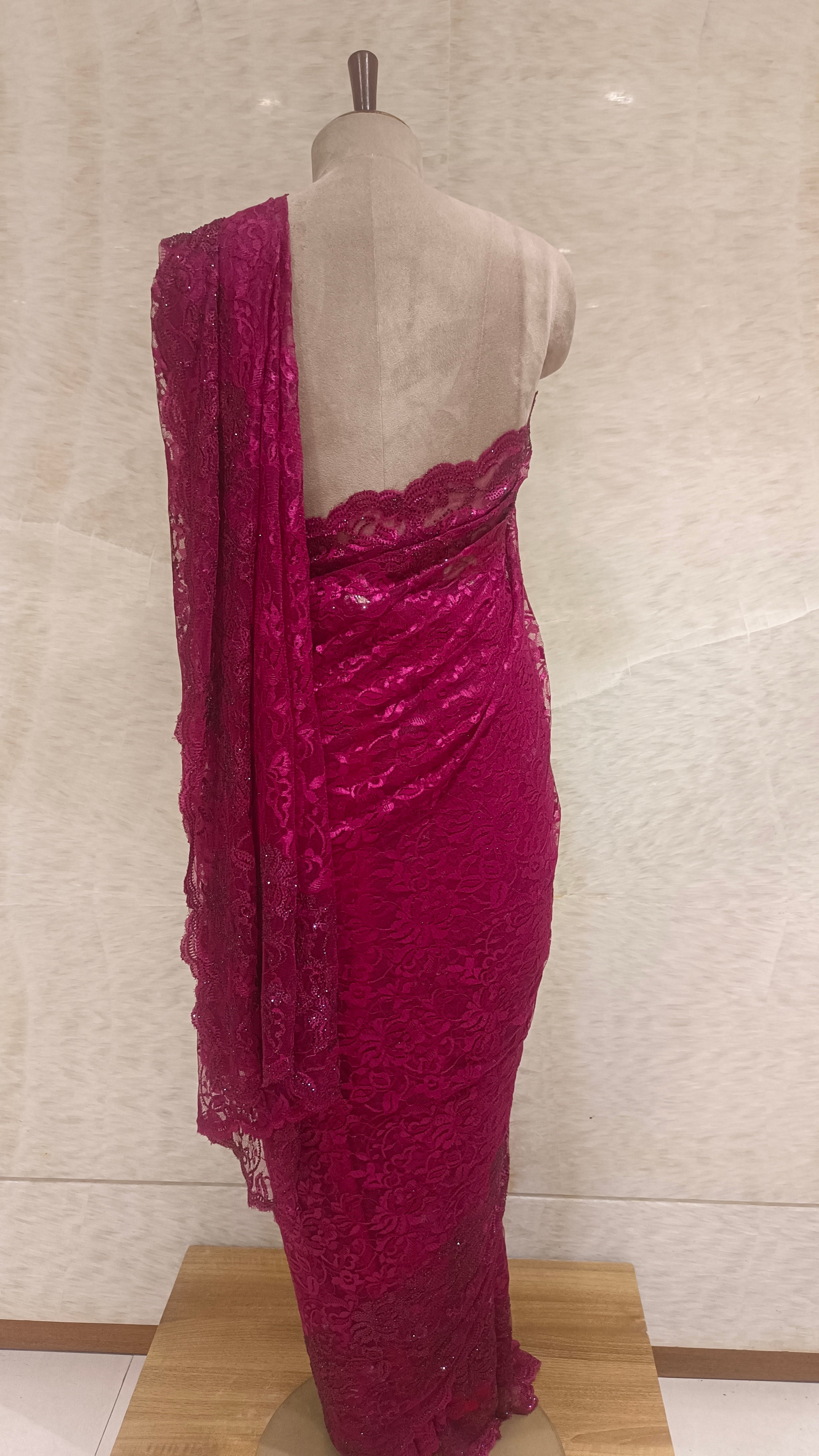 Maroon Net Saree with Swarovski Crystal Lace Insert