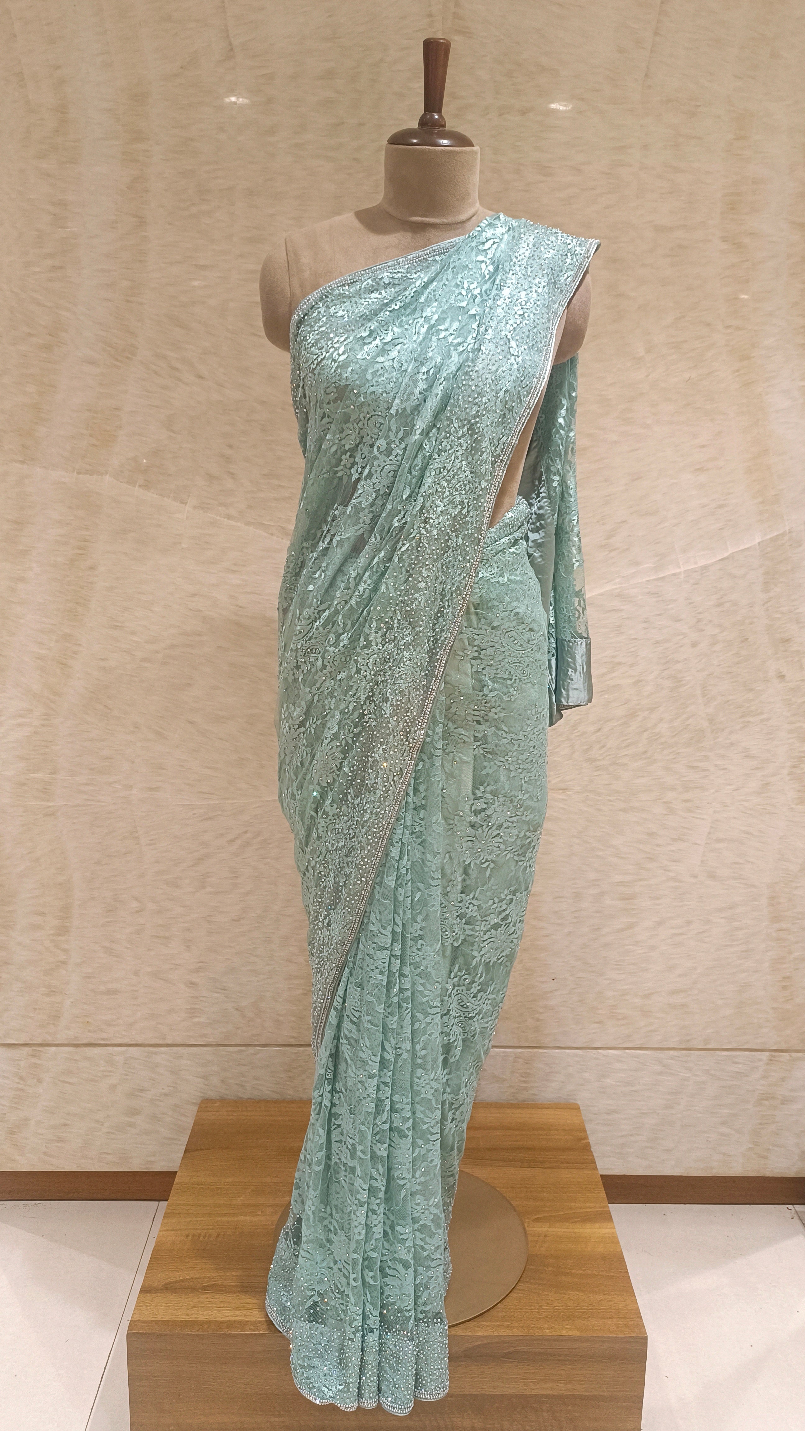 Sea Green Net Saree with Swarovski Crystal-Embellished Lace