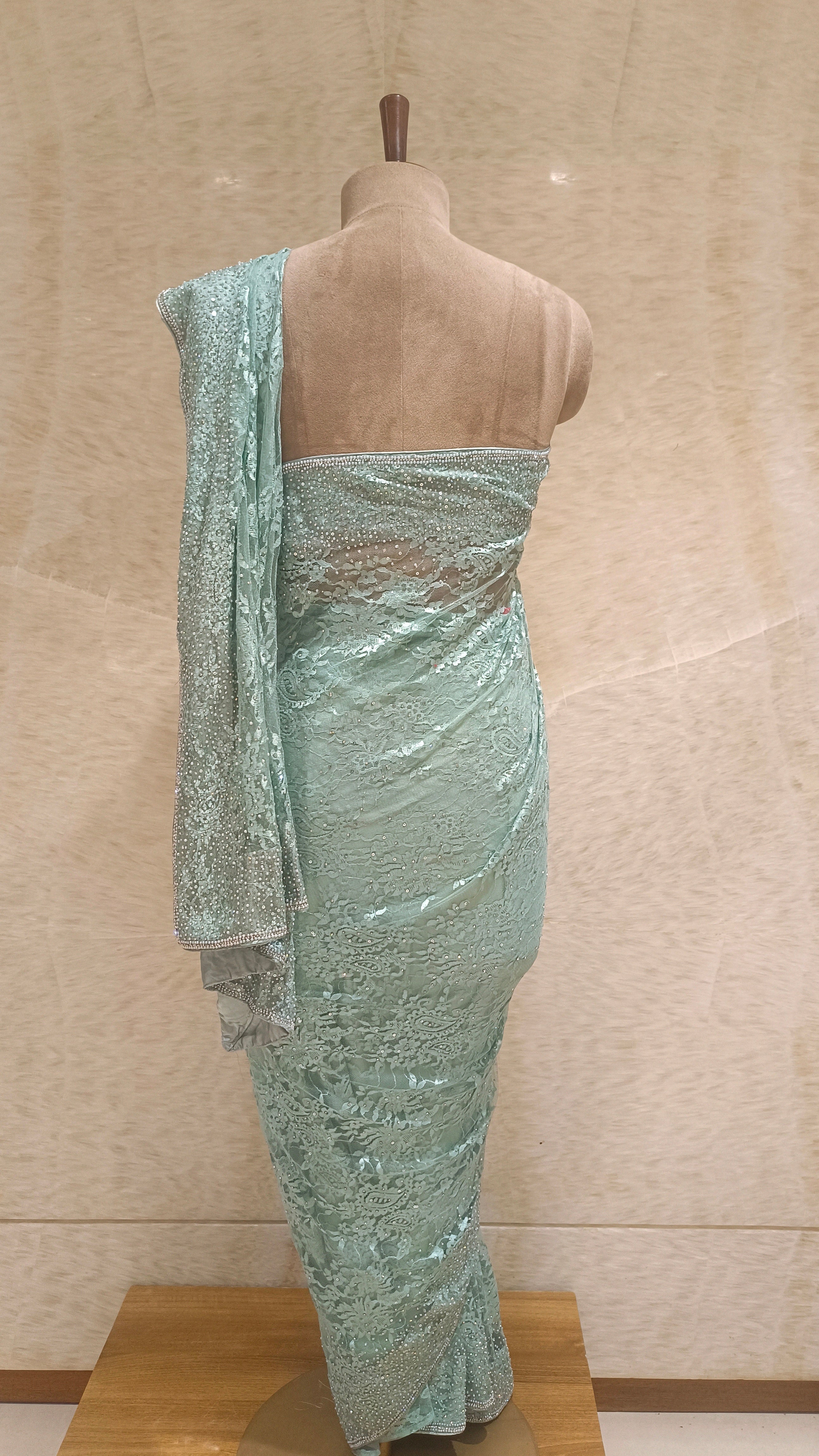 Sea Green Net Saree with Swarovski Crystal-Embellished Lace