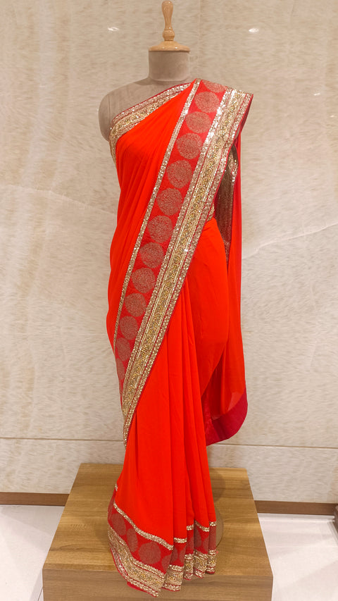 Red Georgette Saree with Sequins, Cut Dana, Aari, and Kundan Embroidery