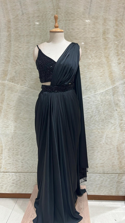 Exquisite Black Silk Pre-Draped Saree Ensemble for Weddings