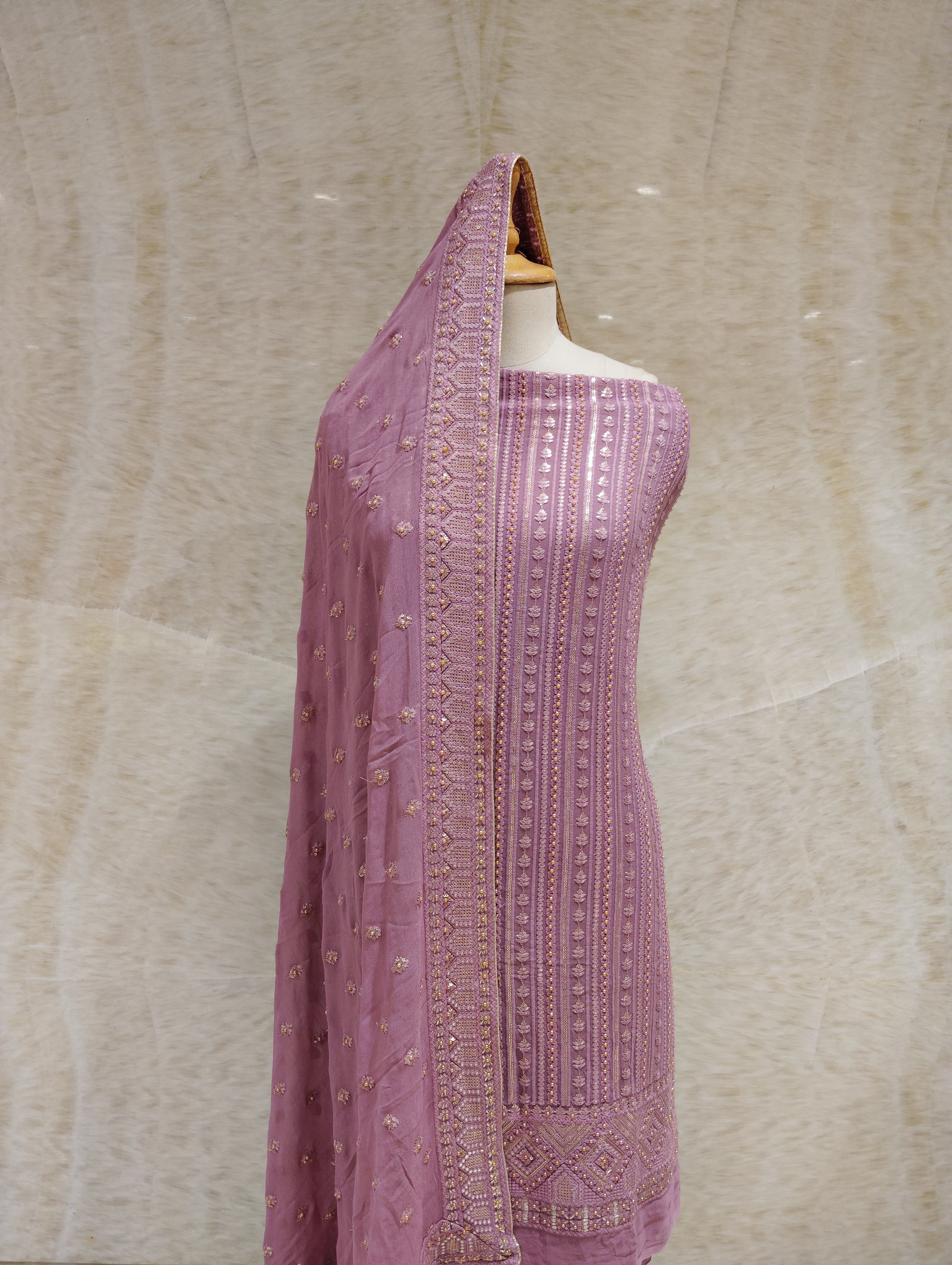 Dusty Onion Georgette Embroidered Suit Set For Women