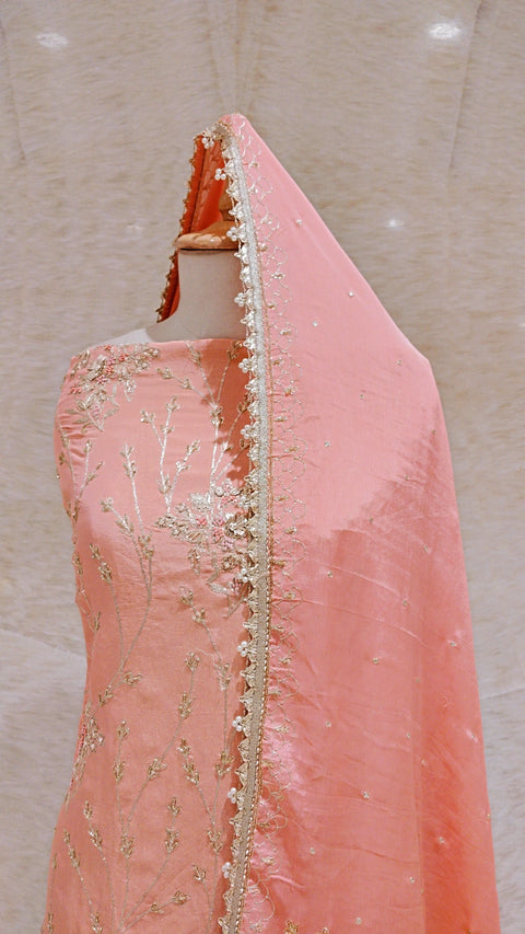 Peach Tissue Embroidered Suit Set For Women
