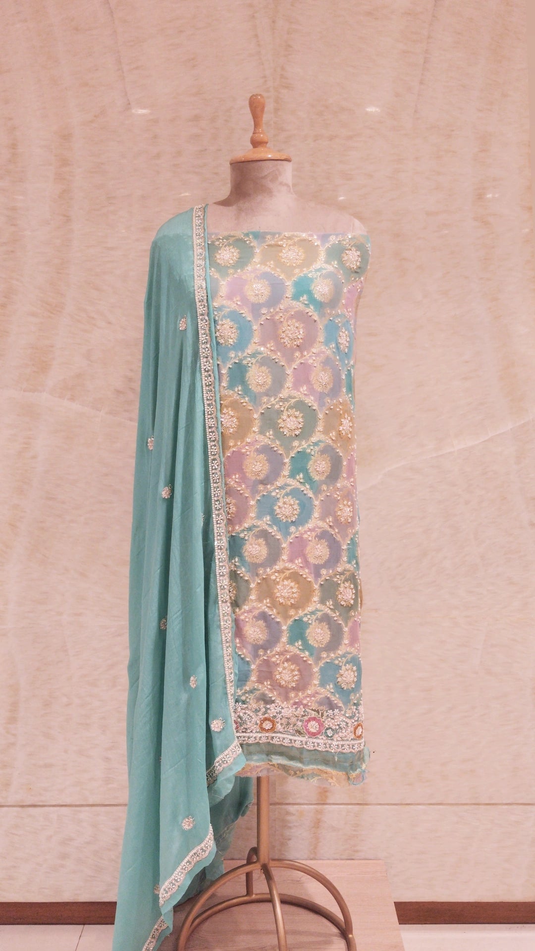 Firozi Sequins & Pearls Embroidered Unstitched Suit For Women