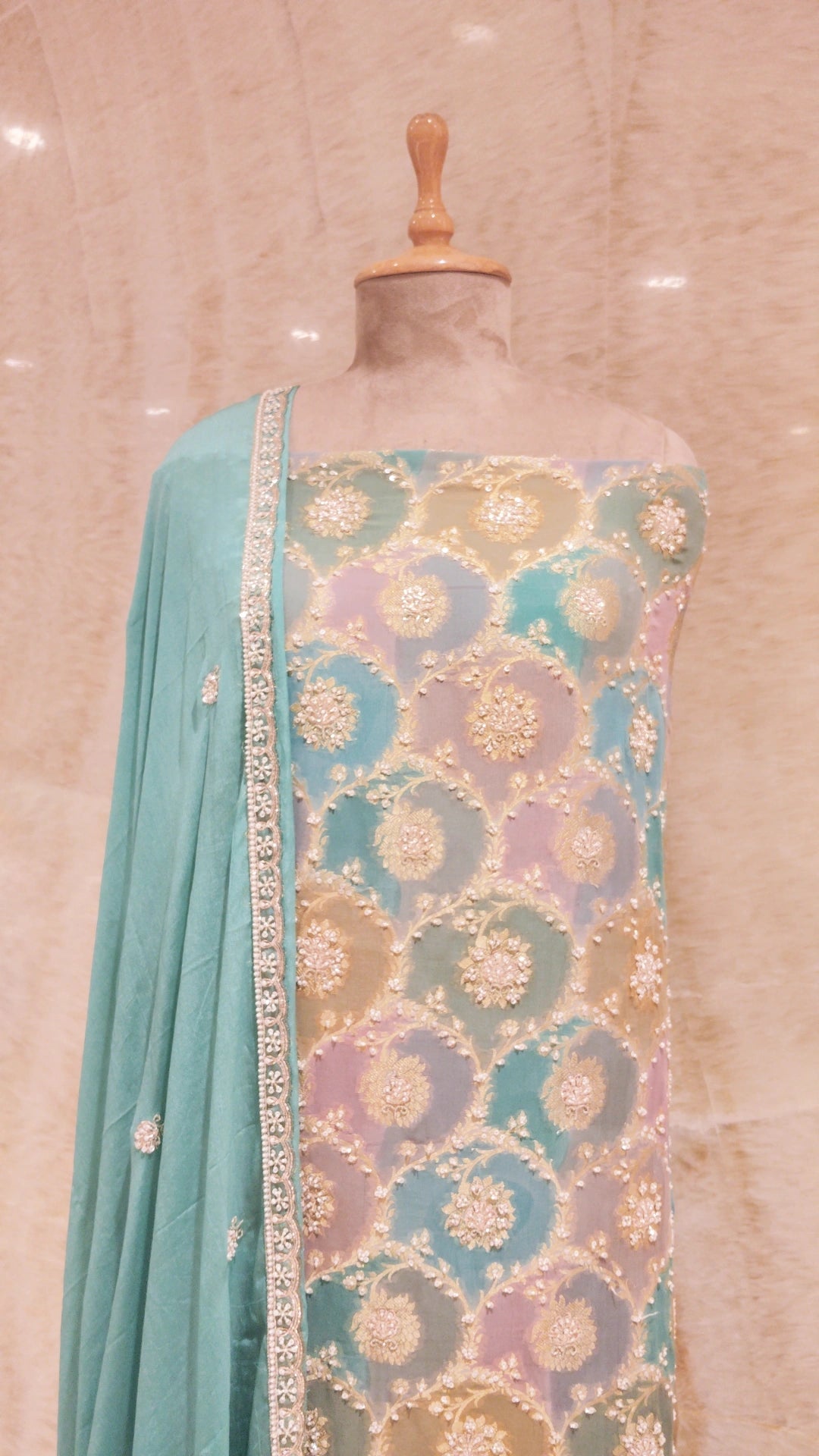 Firozi Sequins & Pearls Embroidered Unstitched Suit For Women