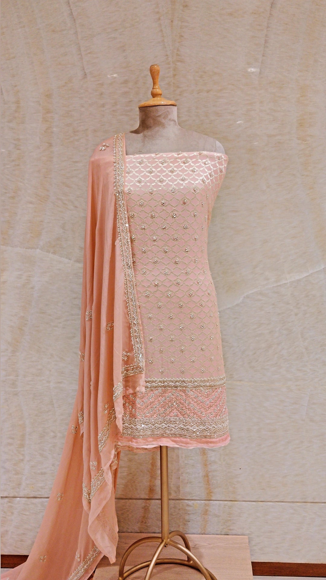 Peach Sequins & Mirror Embroidered Unstitched Suit For Women
