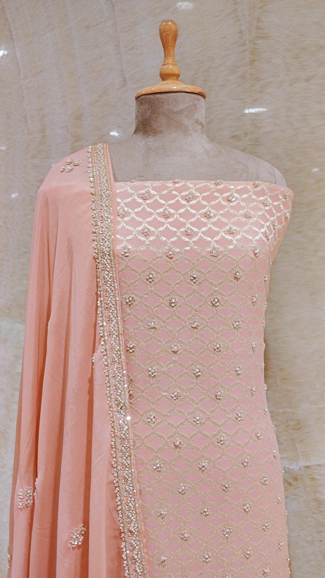 Peach Sequins & Mirror Embroidered Unstitched Suit For Women