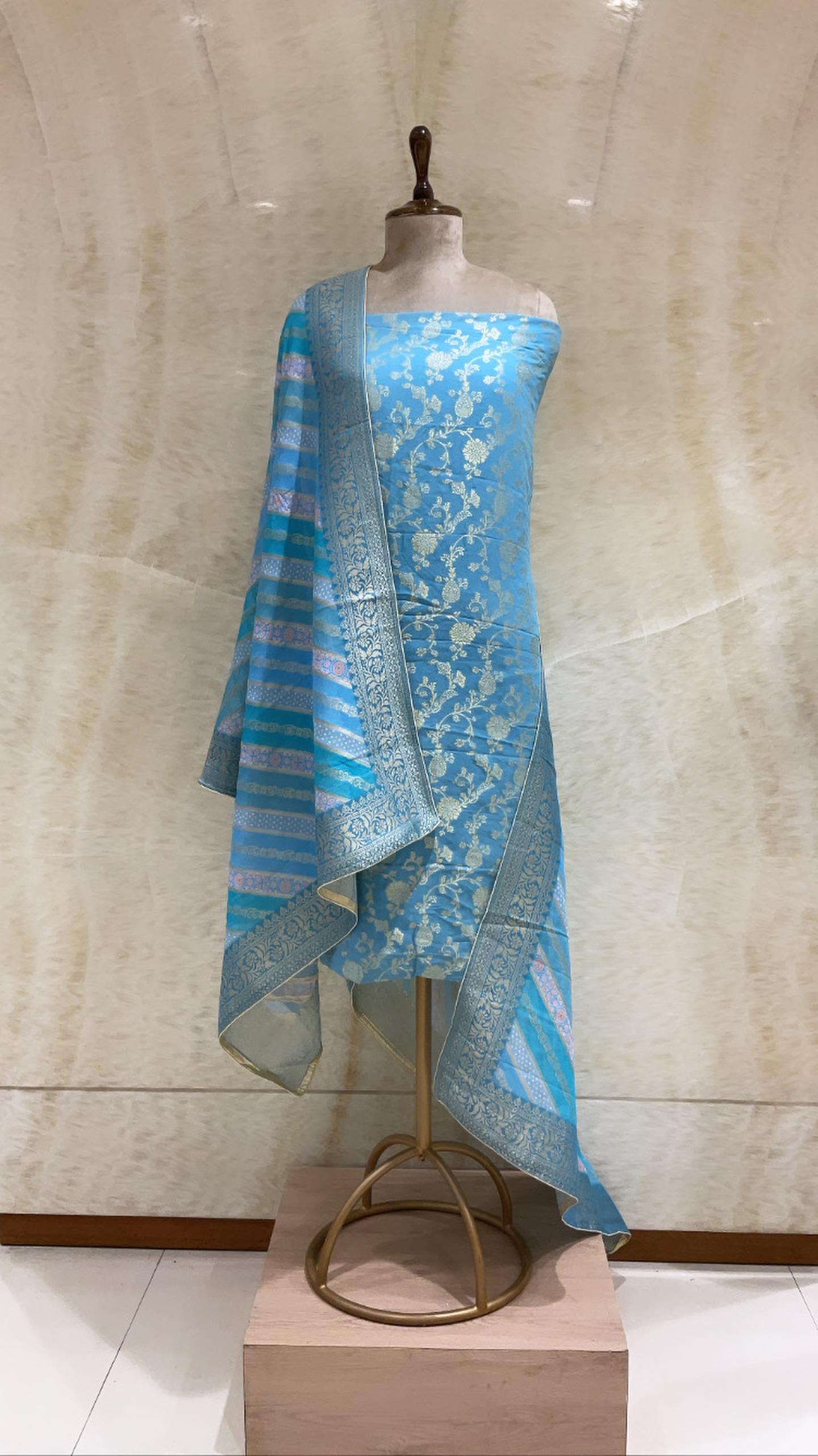 Handwoven Firozi Banarasi Silk Suit Piece