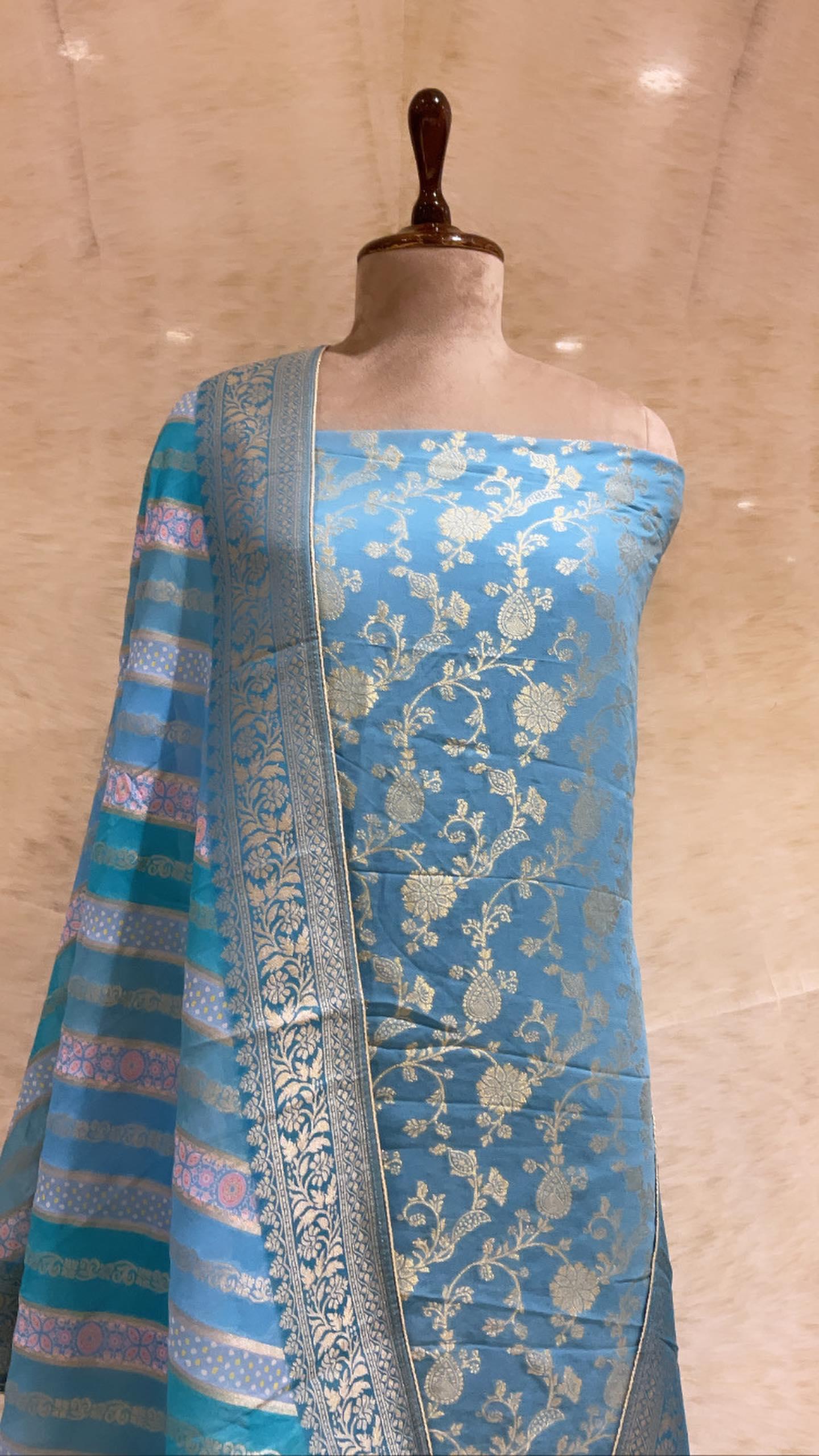 Handwoven Firozi Banarasi Silk Suit Piece