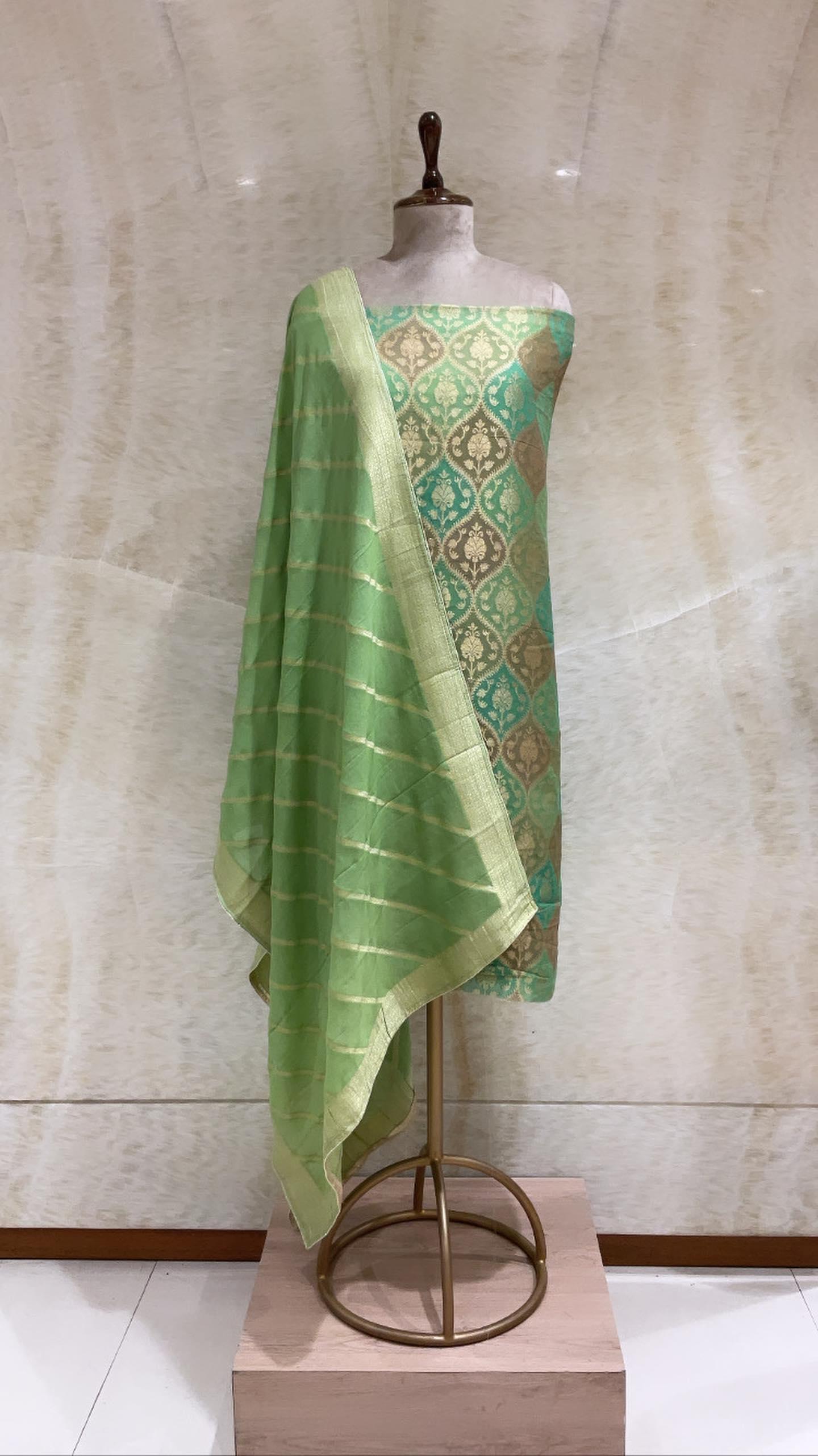Handwoven Parrot Banarasi Silk Suit Piece