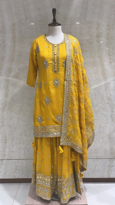 Yellow Sequins Embroidered Sharara Set For Women
