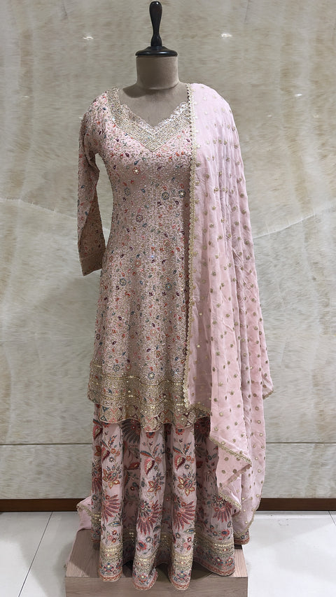 Baby Pink Sequins & Mirror Embroidered Sharara Set For Women