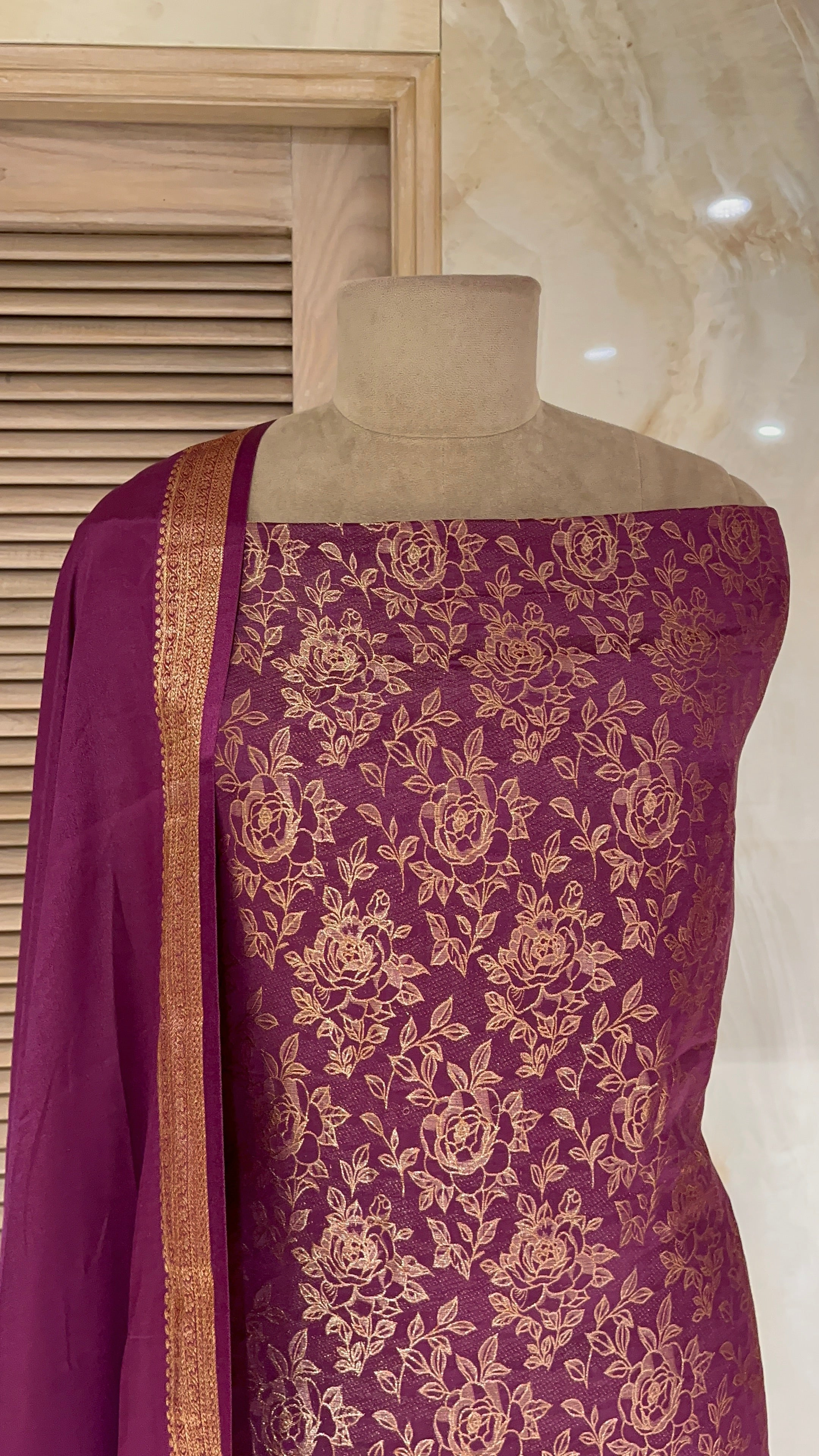 ELEGANT PURPLE FLORAL BANARASI UNSTITCHED SUIT SET