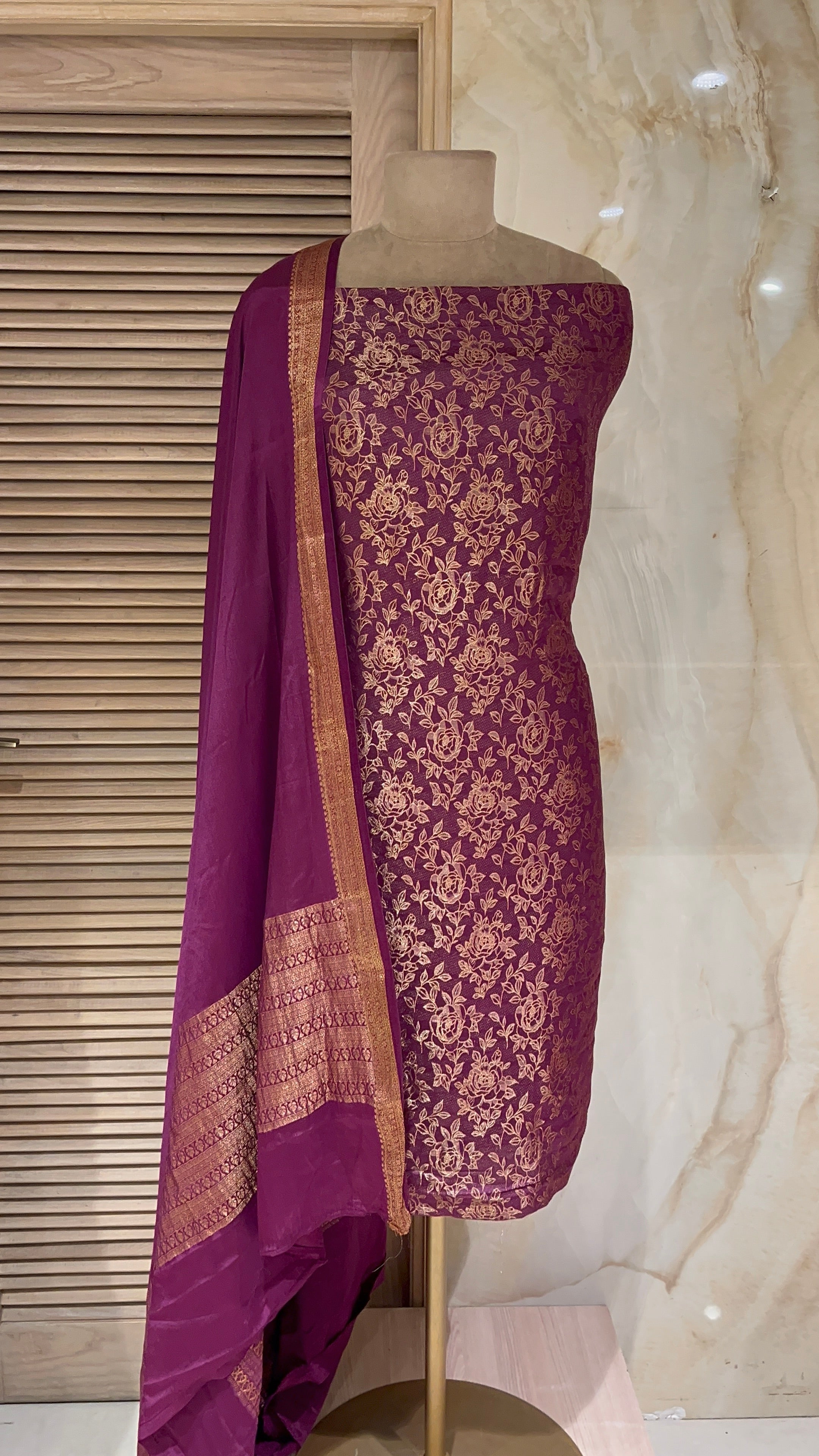 ELEGANT PURPLE FLORAL BANARASI UNSTITCHED SUIT SET