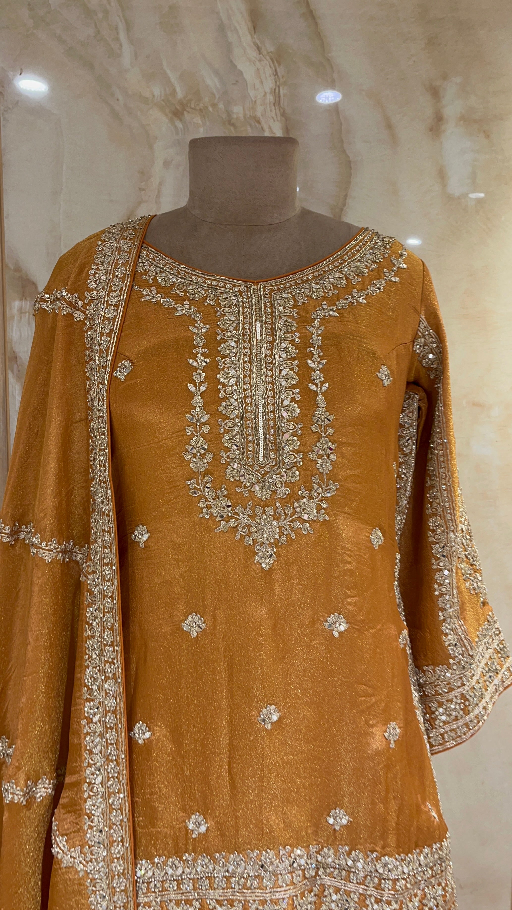 LUXURY MUSTARD EMBROIDERED READYMADE SHARARA SUIT SET