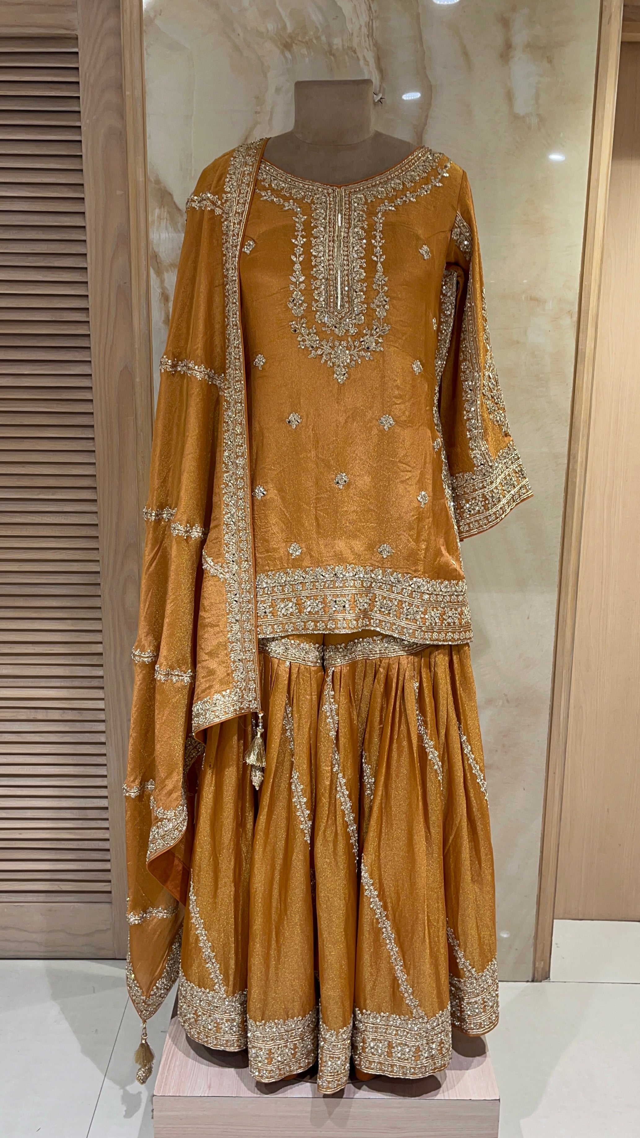 LUXURY MUSTARD EMBROIDERED READYMADE SHARARA SUIT SET