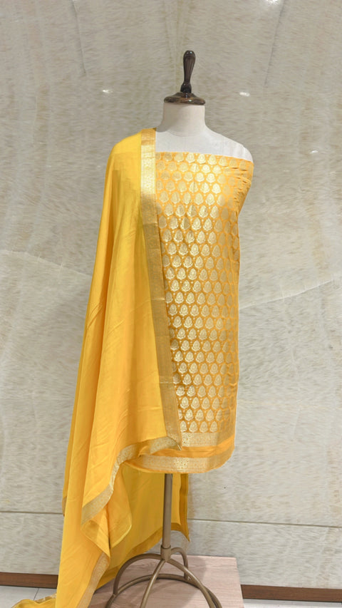 Handwoven Yellow Banarasi Silk Suit Piece