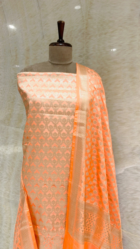 Handwoven Peach Banarasi Silk Suit Piece