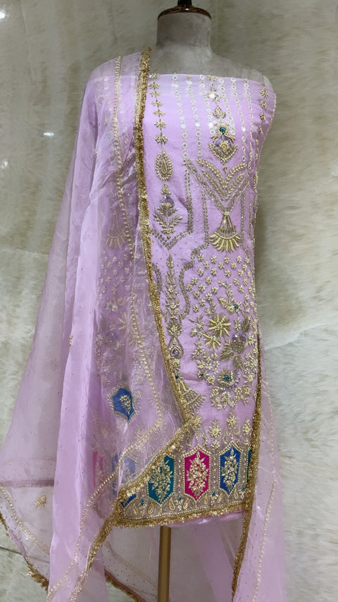 Lavender Sequins & Pearls Embroidered Unstitched Suit Set For Women