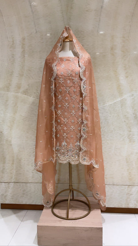 Peach Sequins & Stones Embroidered Unstitched Suit Set For Women