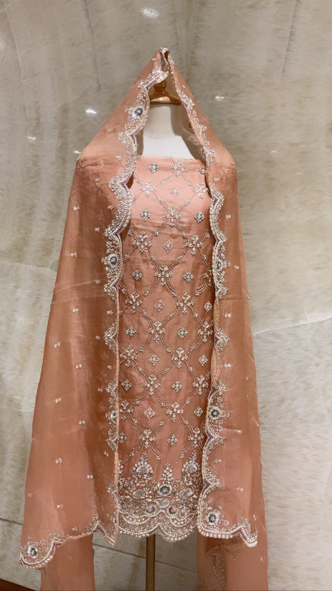 Peach Sequins & Stones Embroidered Unstitched Suit Set For Women