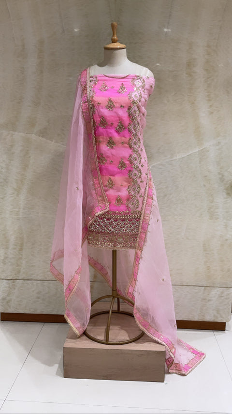 Pink Sequins & Pearls Embroidered Unstitched Suit Set For Women