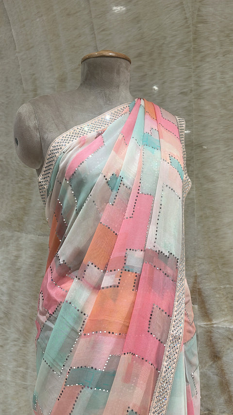 Pastel Multi-color Georgette Saree with Stone and Mirror Embroidery