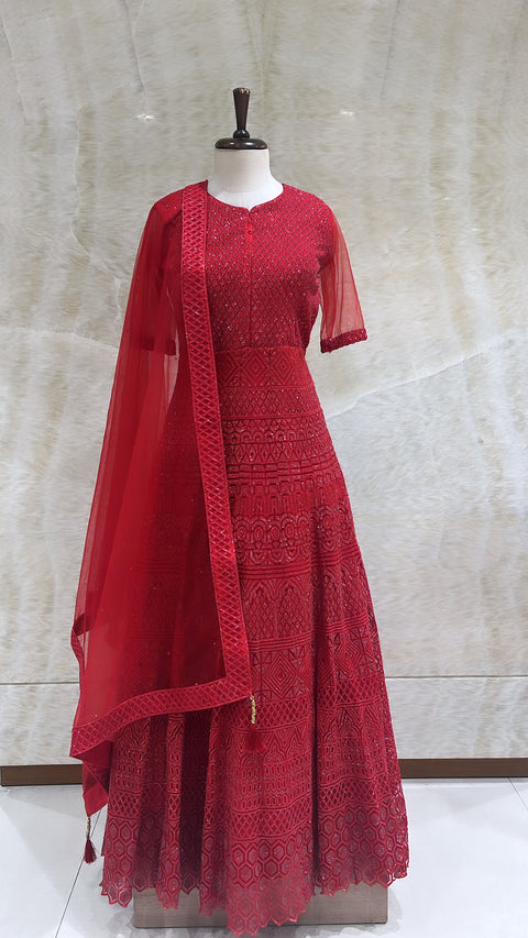 Red Net Anarkali Suit