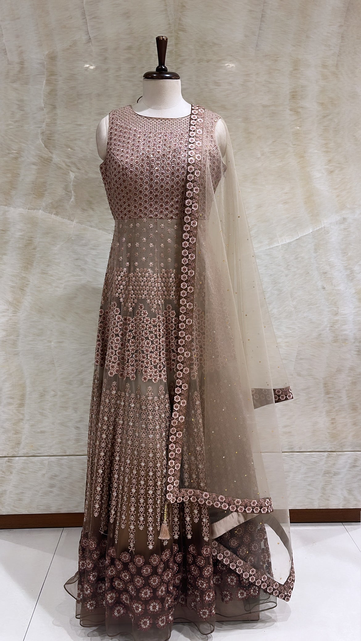 Light Brown Stones & Threadwork Embroidered Set For Women