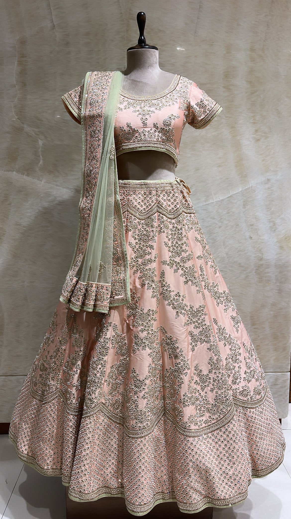 Sunlit Splendor: Peach Stones & Pearls Reception Lehenga Set