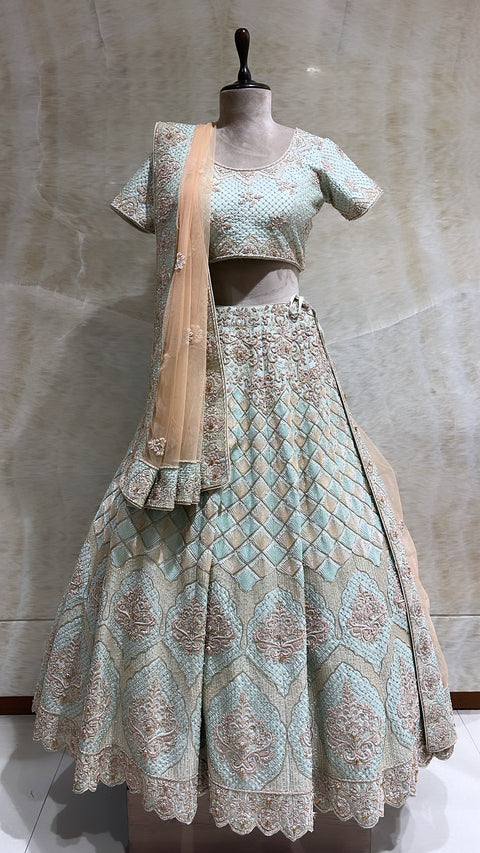 Emerald Elegance: Sea Green Sequins & Cut Dana Reception Lehenga Set