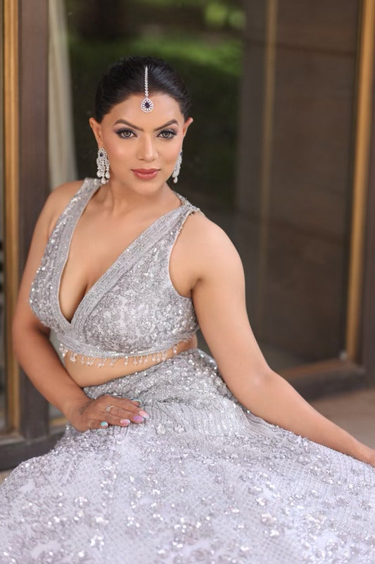 Grey Net Sequin Embroidered Lehenga Set