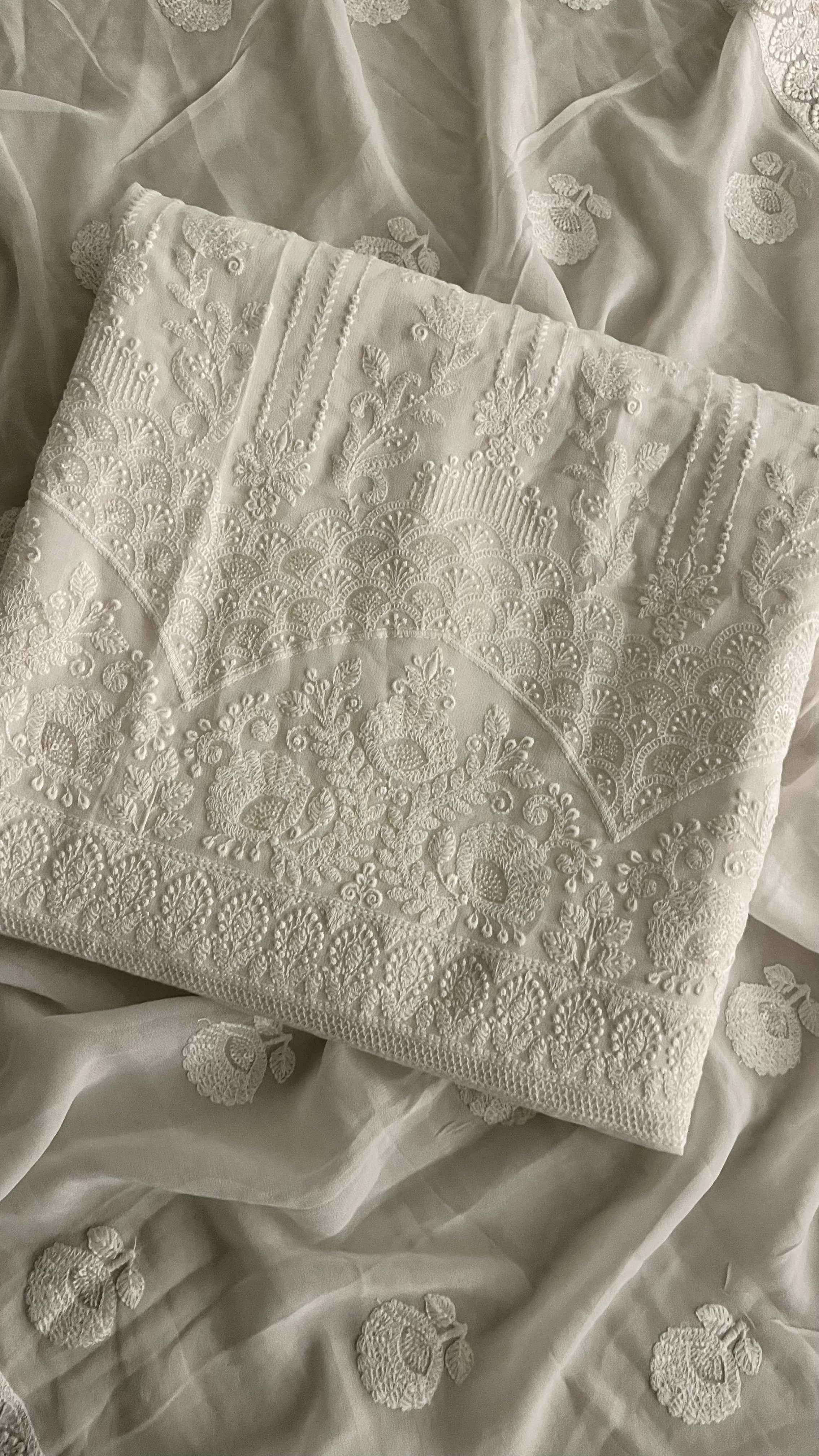 PURE WHITE LUCKNOWI CHIKANKARI UNSTITCHED SUIT SET